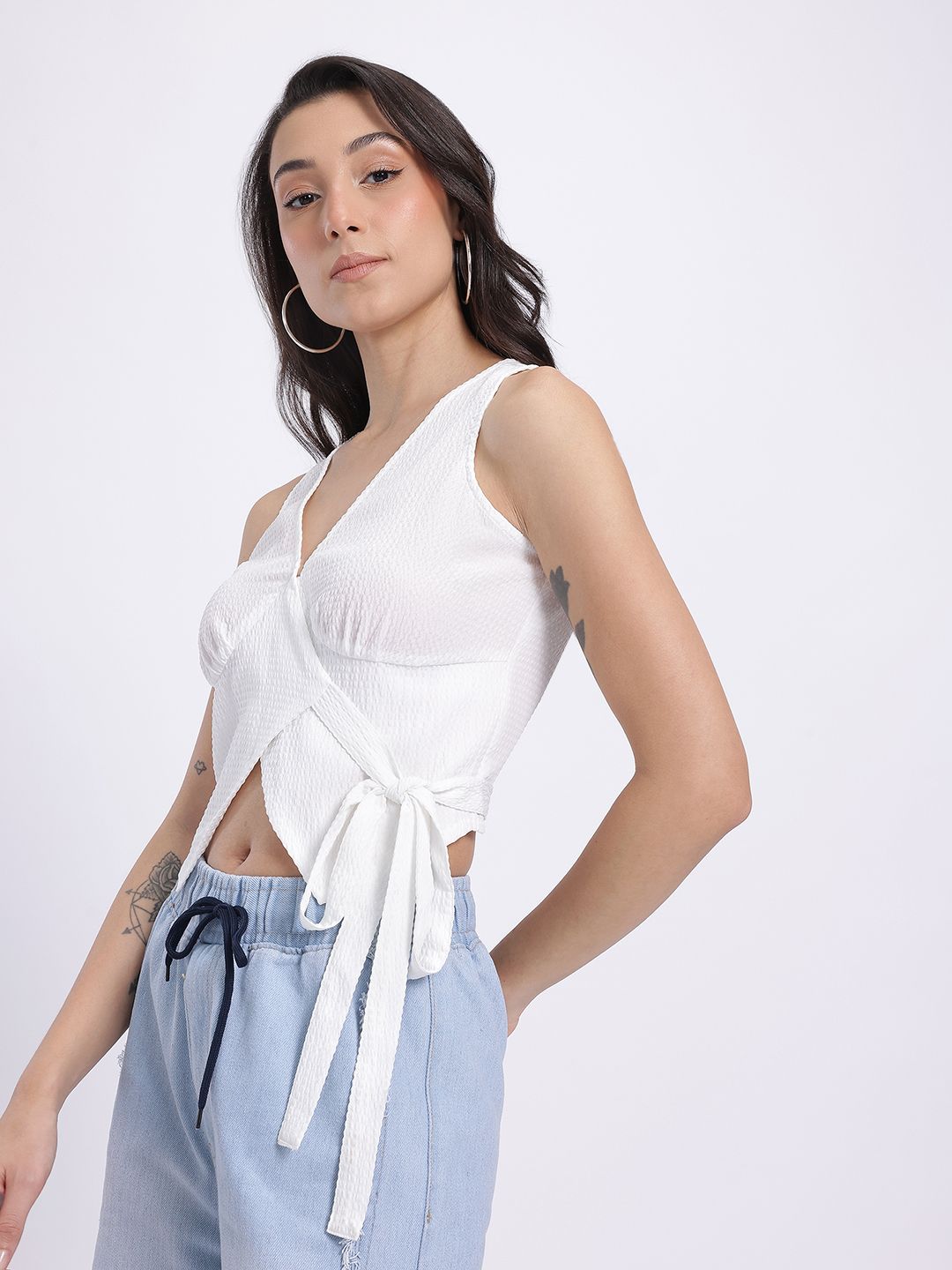 Buy glitchez Striped Asymmetric Hem Tie-Up Wrap Top - Tops for