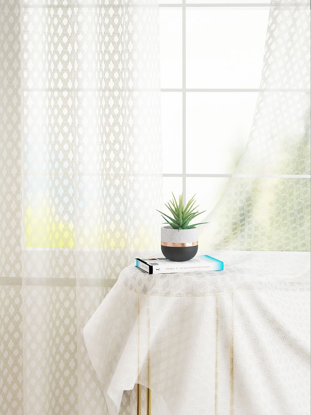 2 Pcs Sheer Door Curtains Story@home Serene Off White 2 Pieces Abstract Printed Sheer Door Curtains