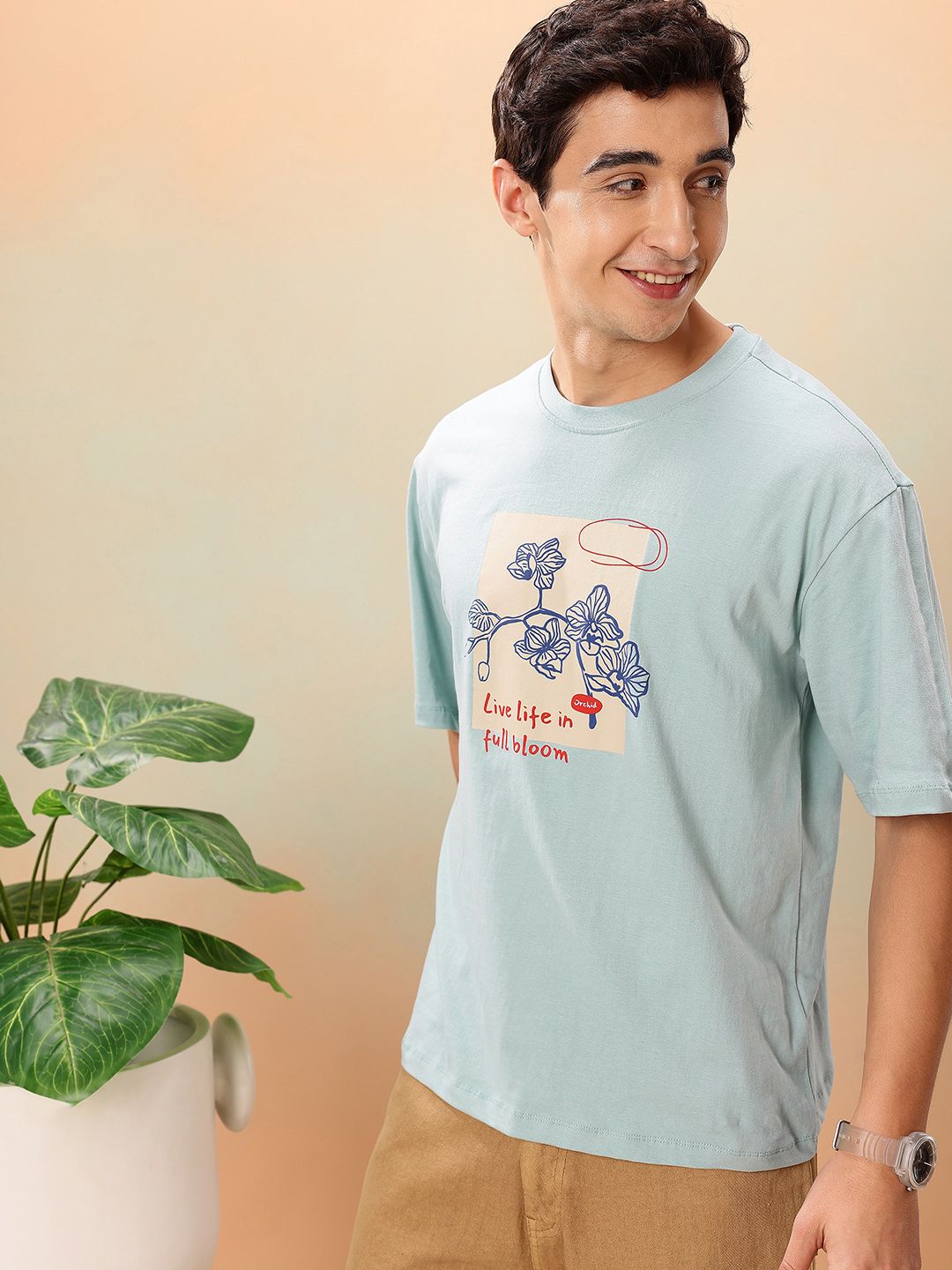 Mast & Harbour Graphic Printed Drop-Shoulder Sleeves Pure Cotton Relaxed Fit T-shirt