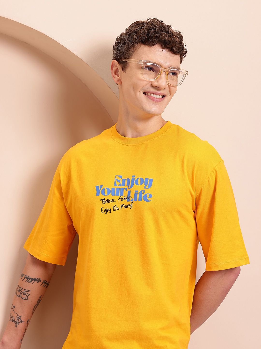 Mast & Harbour Printed Drop-Shoulder Sleeves Pure Cotton T-shirt