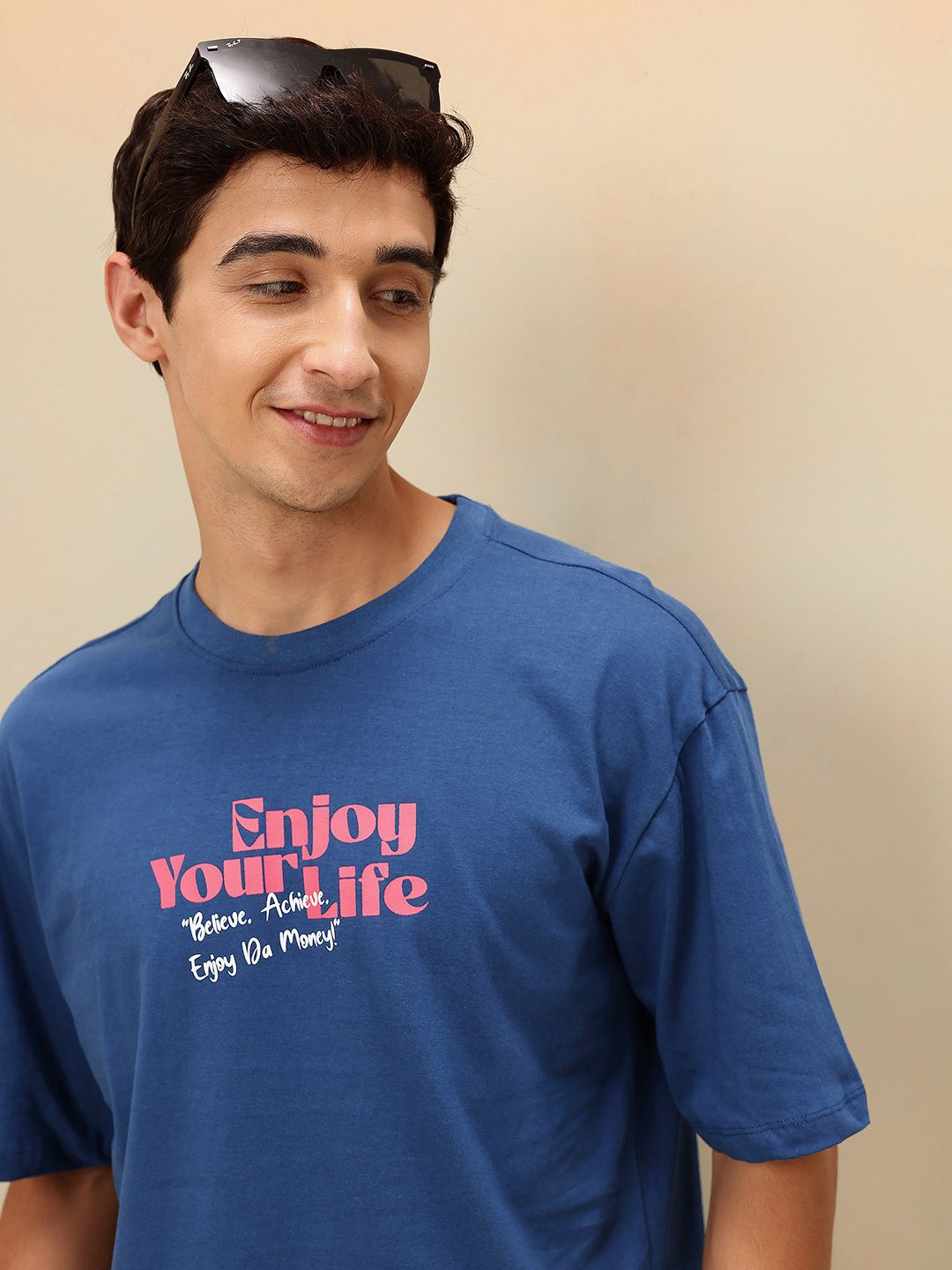 Mast & Harbour Typography Printed Drop-Shoulder Sleeves Pure Cotton Relaxed Fit T-shirt