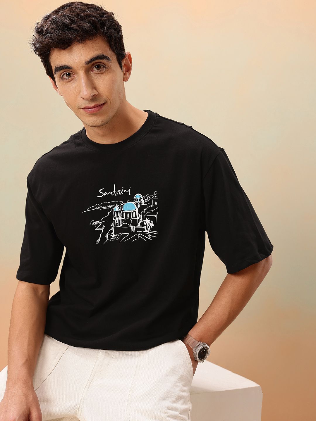 Mast & Harbour Graphic Printed Drop-Shoulder Sleeves Pure Cotton Relaxed Fit T-shirt