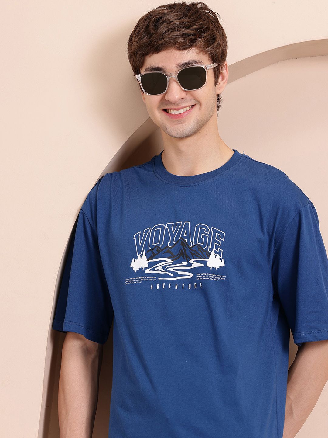 Mast & Harbour Typography Printed Drop-Shoulder Sleeves Pure Cotton T-shirt