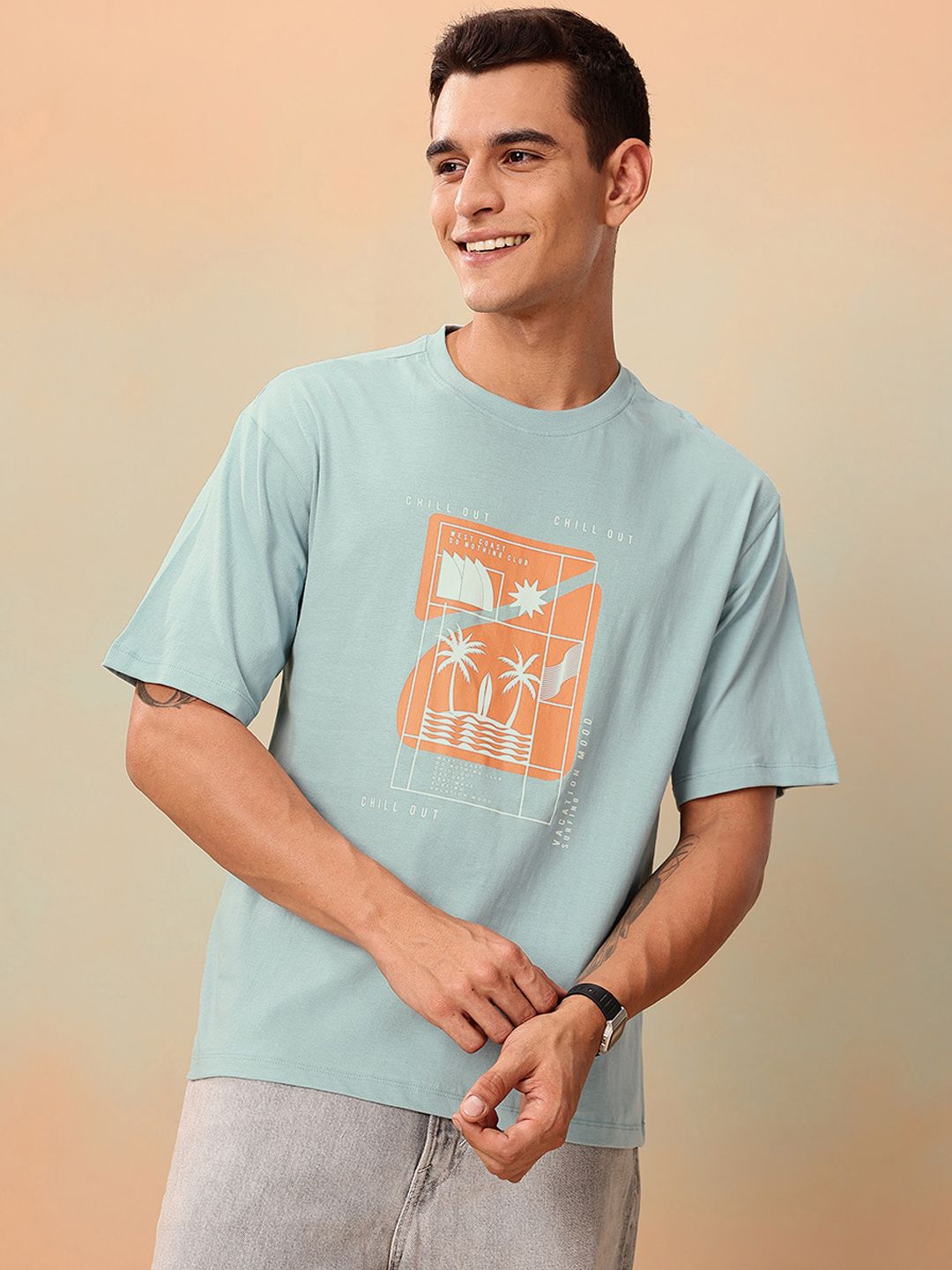 Mast & Harbour Relaxed Fit Graphic Printed Pure Cotton T-shirt