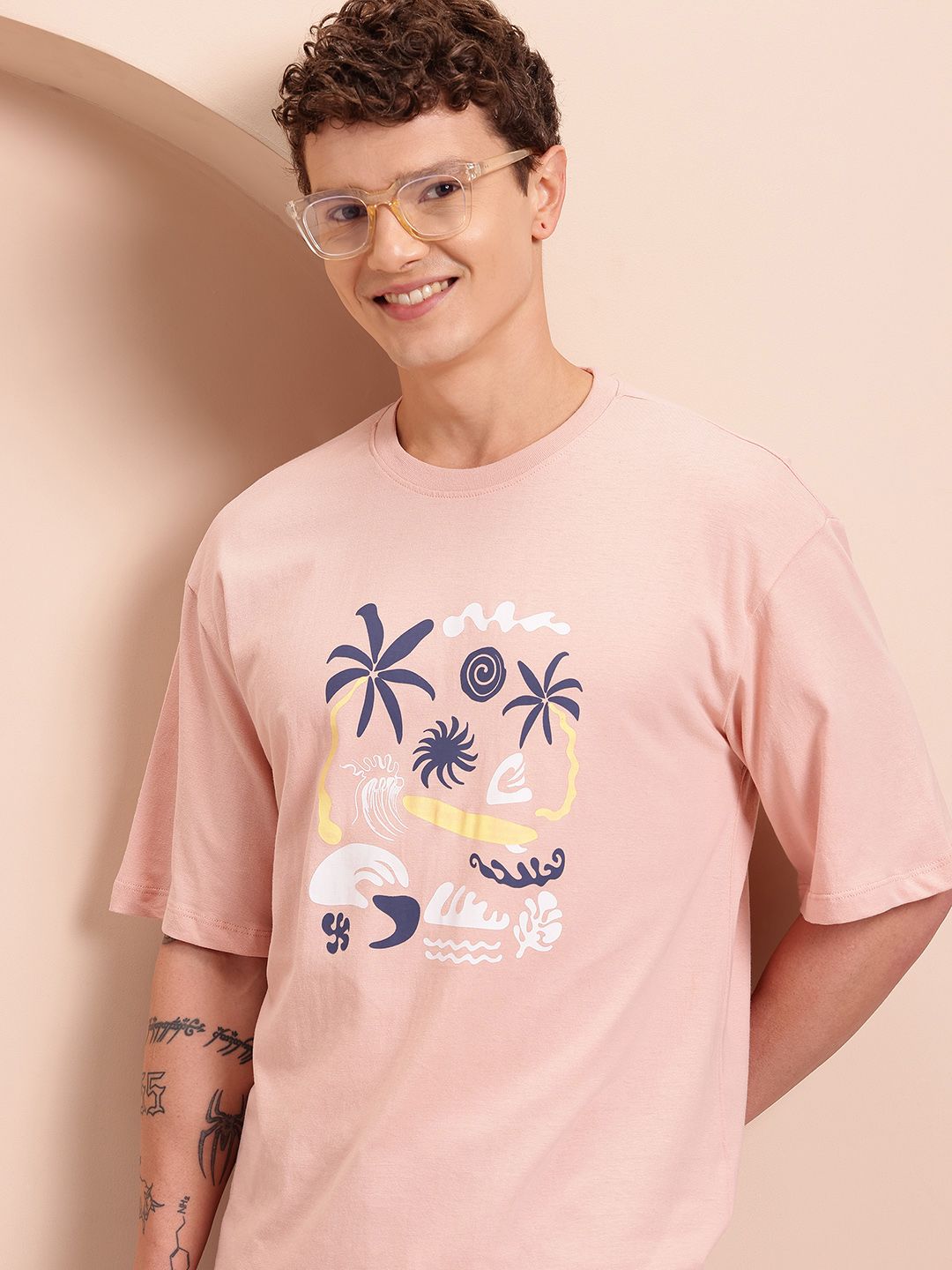 Mast & Harbour Printed Drop-Shoulder Sleeves Pure Cotton T-shirt