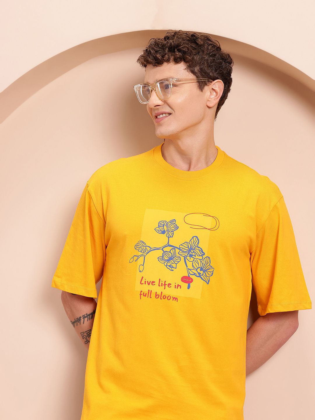 Mast & Harbour Printed Drop-Shoulder Sleeves Pure Cotton T-shirt