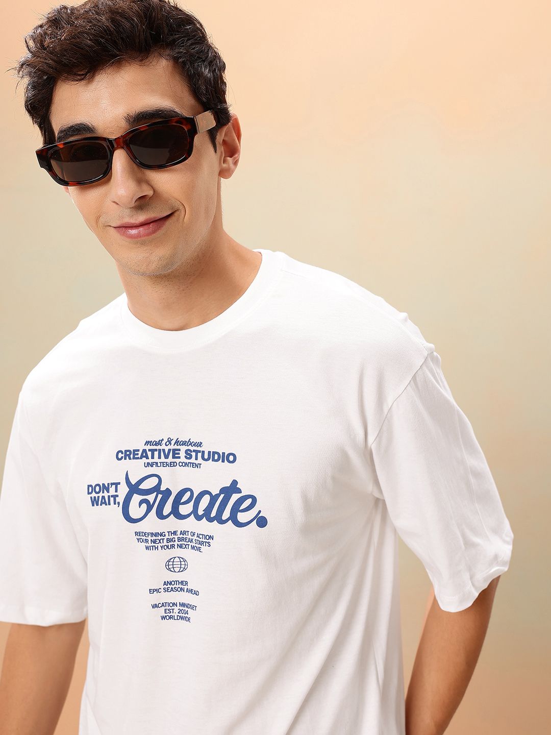 Mast & Harbour Typography Printed Drop-Shoulder Sleeves Pure Cotton Oversized T-shirt