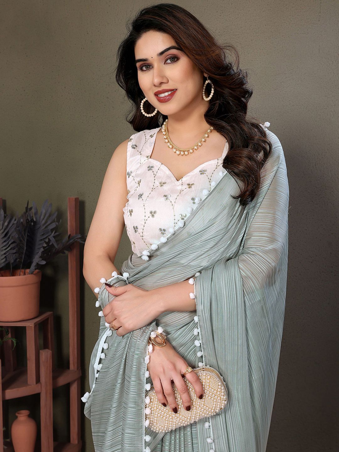 Mitera Striped Pure Chiffon Saree with Pom- pom Border