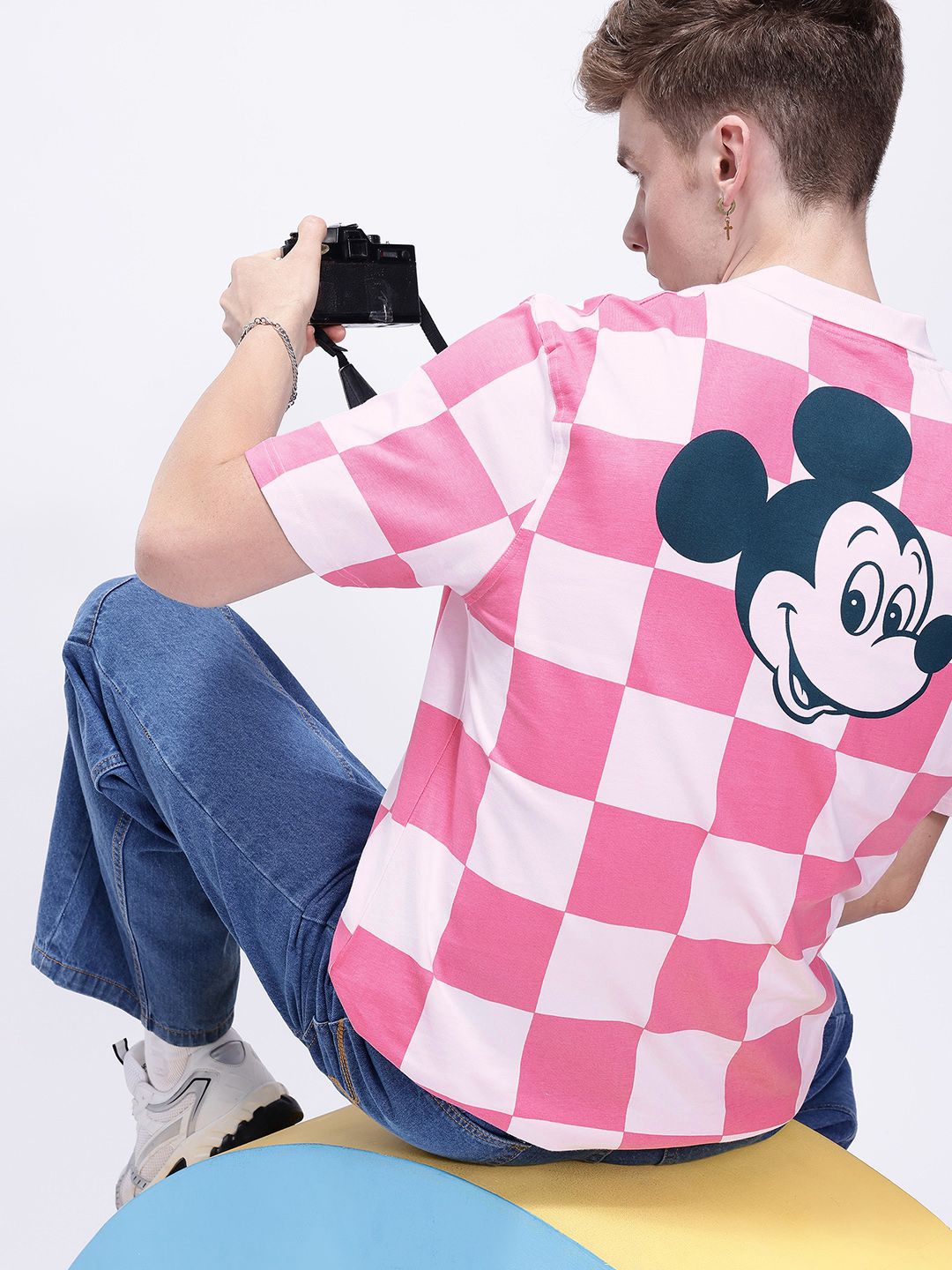 Kook N Keech Disney Men Mickey Mouse Checked Polo Collar Oversized T-shirt