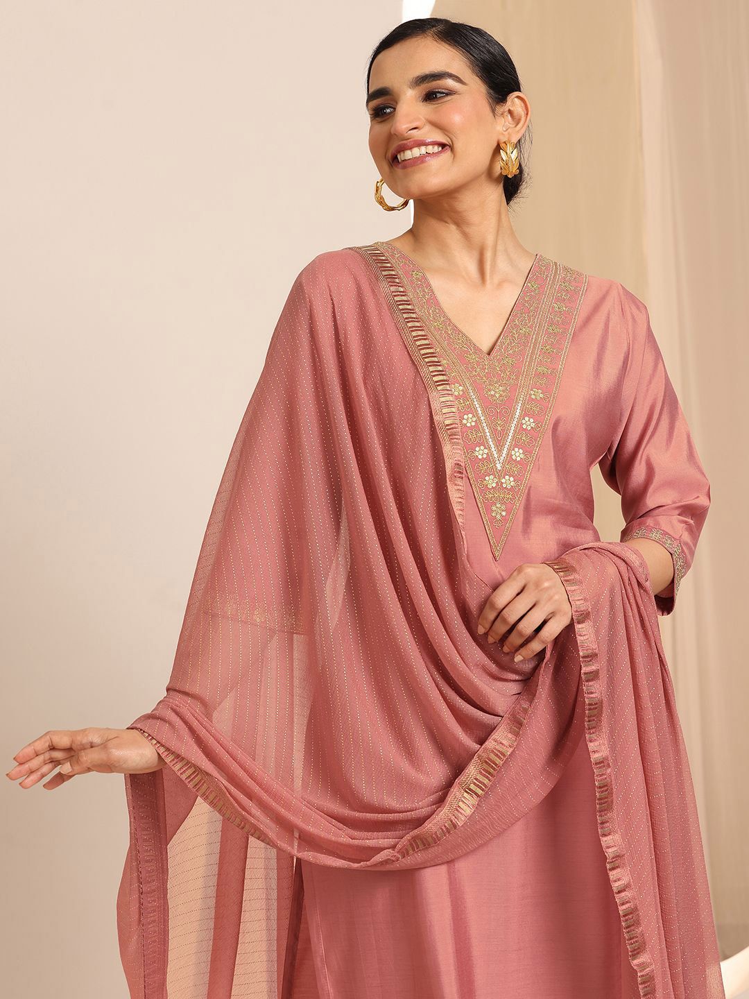 Gerua By Libas Floral Yoke Design Sequinned V-Neck Straight Kurta With Trousers And Dupatta