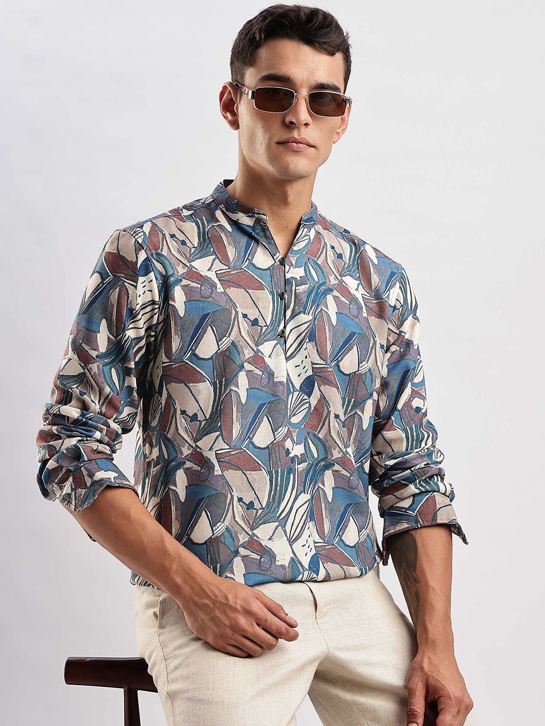 HERE&NOW Abstract Printed Mandarin Collar Short Kurta
