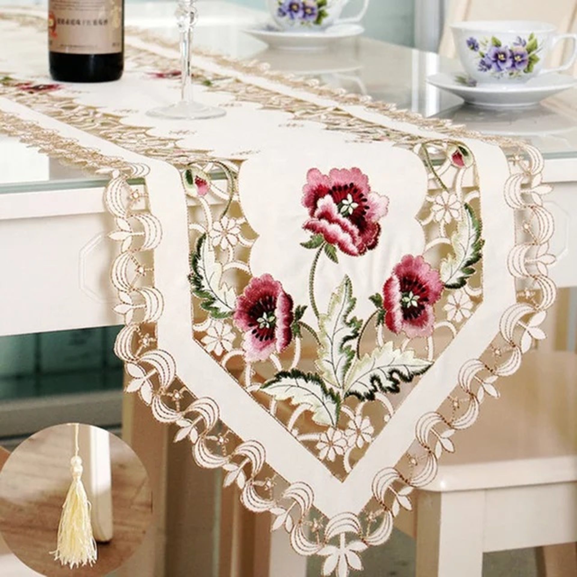 MONKDECOR White & Brown Floral Embroidered With Cut-Work Table Runner
