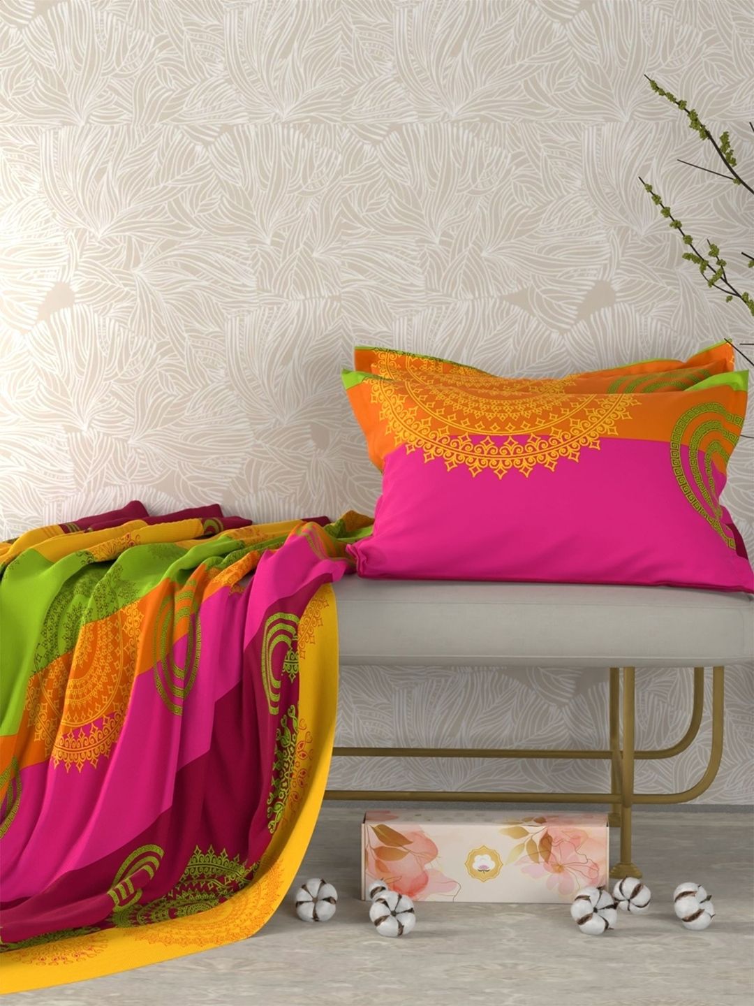 Pure Decor Pure Decor Yellow Ethnic 180TC Cotton Queen Double Bed Bedsheet & 2 Pillow Cover 90X100"