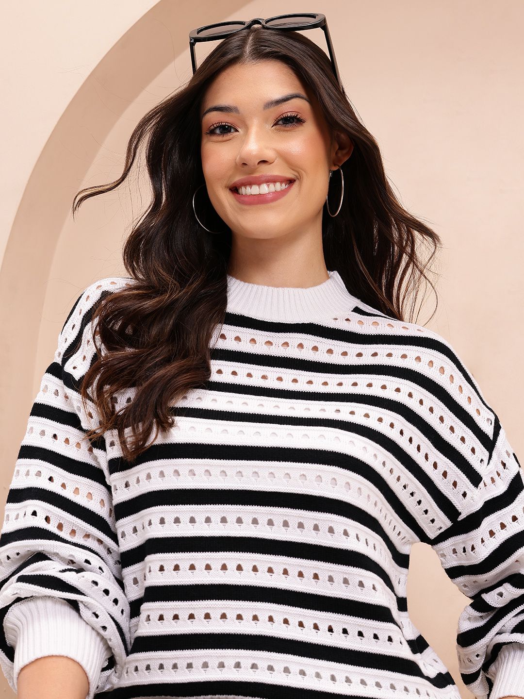 Mast & Harbour Open Knit Striped Acrylic Pullover
