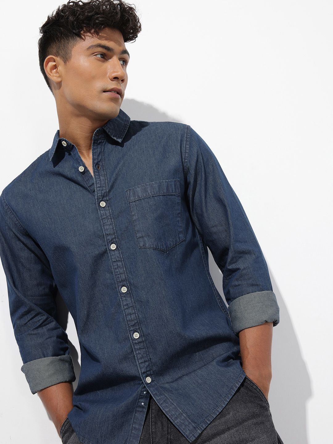R.Code by The Roadster Life Co. Solid Denim Shirt