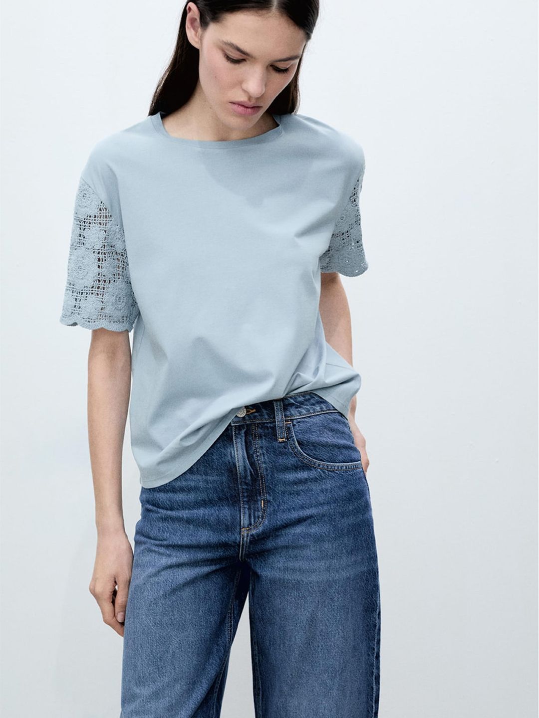 Pure Cotton Crochet Sleeves T-shirt
