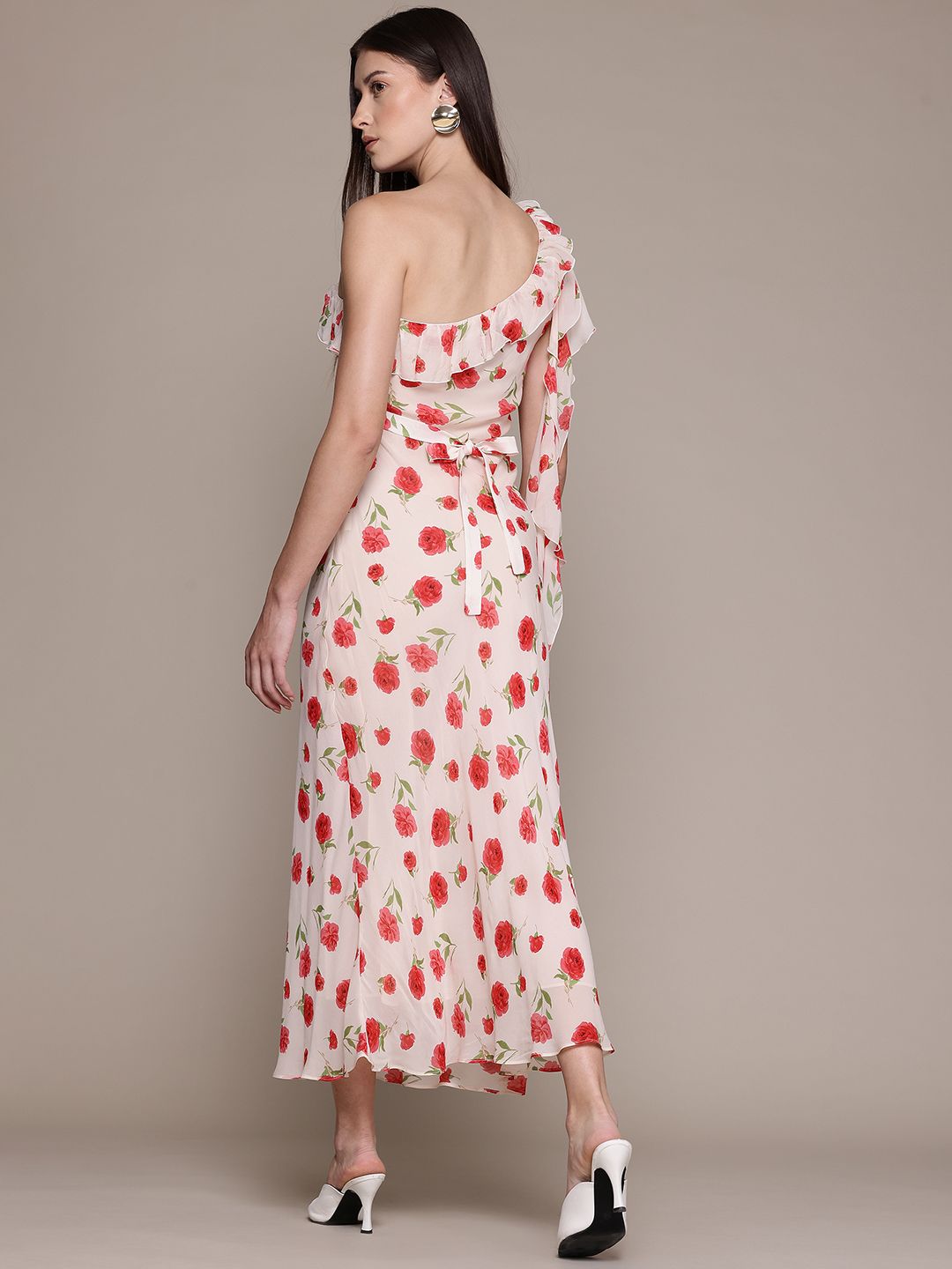 Floral Print One Shoulder Ruffled Sheath Midi Dress
