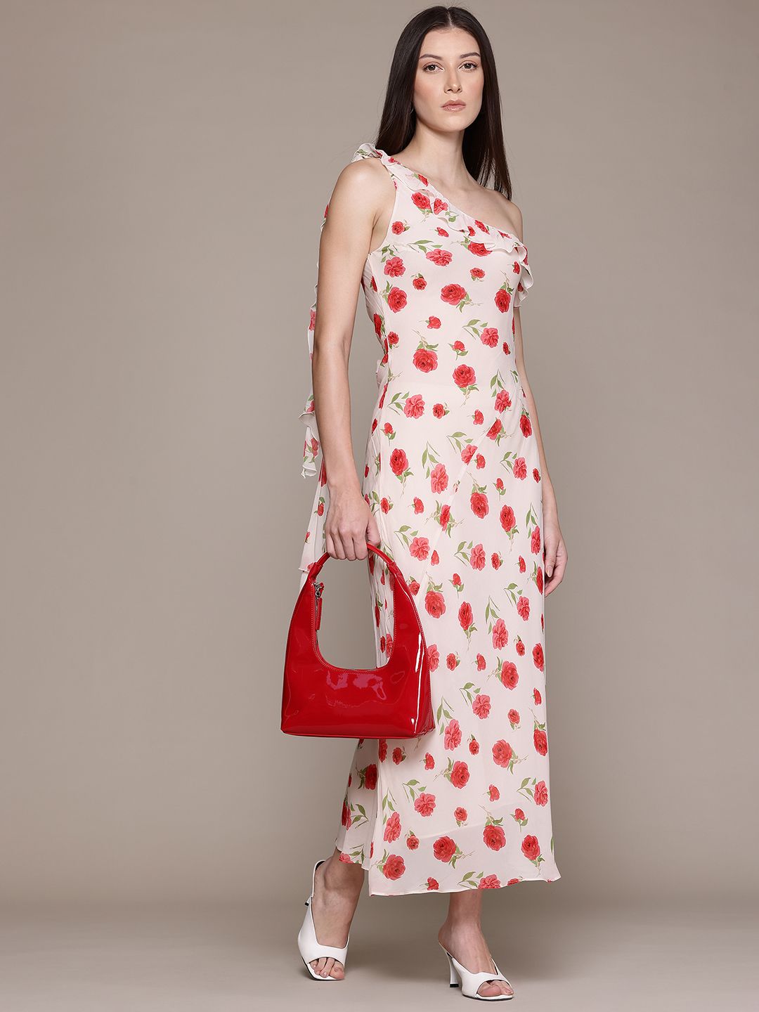 Floral Print One Shoulder Ruffled Sheath Midi Dress
