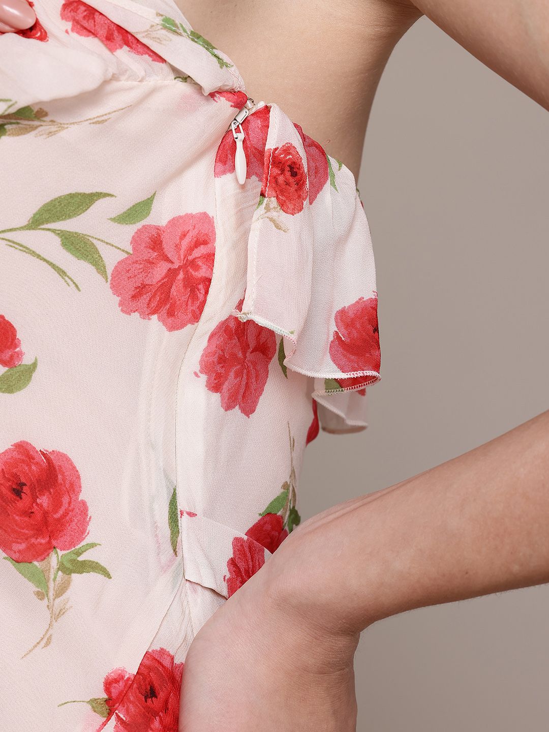 Floral Print One Shoulder Ruffled Sheath Midi Dress
