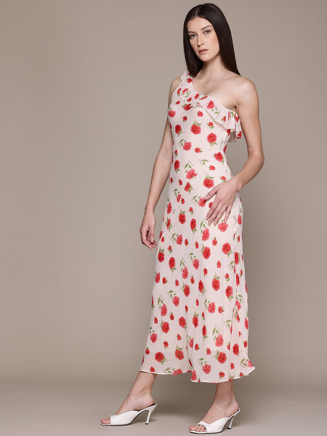 Floral Print One Shoulder Ruffled Sheath Midi Dress