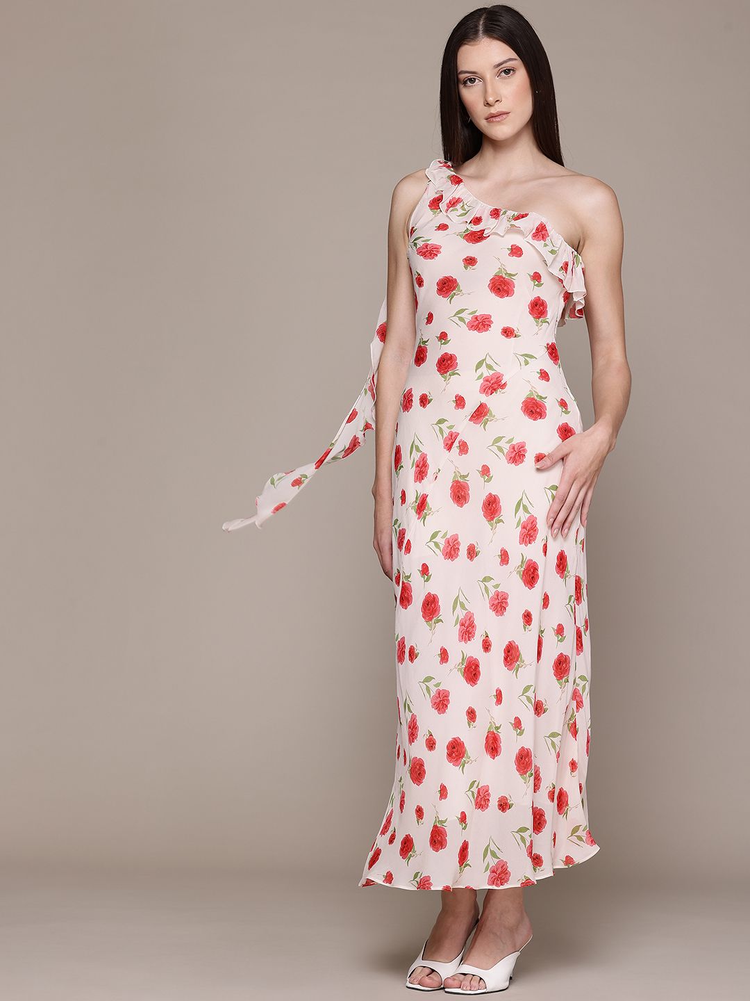 Floral Print One Shoulder Ruffled Sheath Midi Dress
