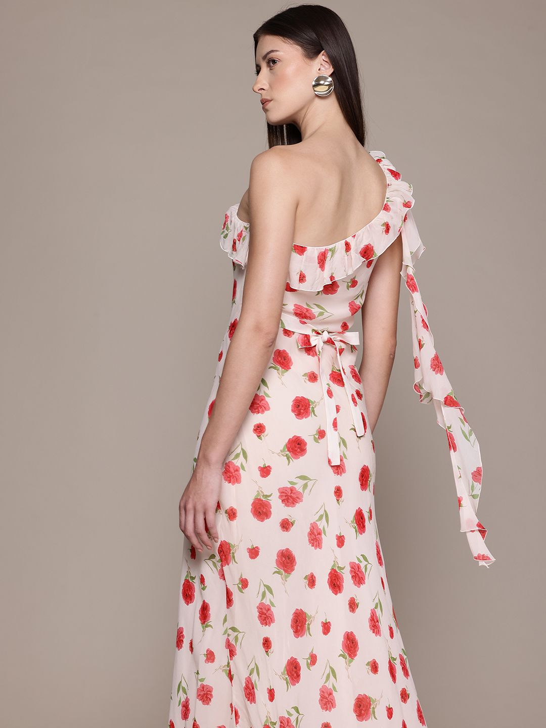 Floral Print One Shoulder Ruffled Sheath Midi Dress