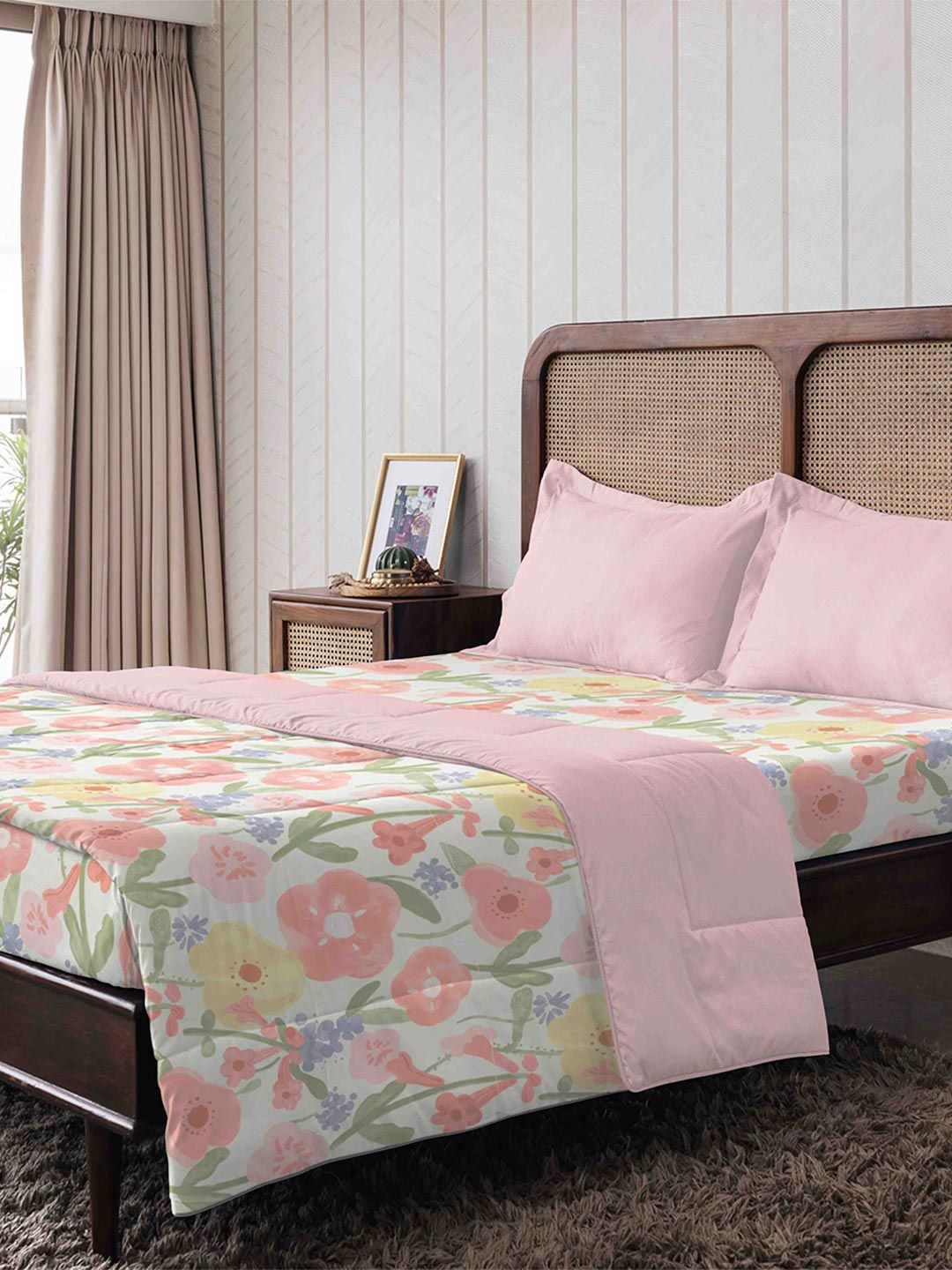 The Happy Pod Pink & Green Floral Microfiber AC Room 150 GSM Double Bed Comforter