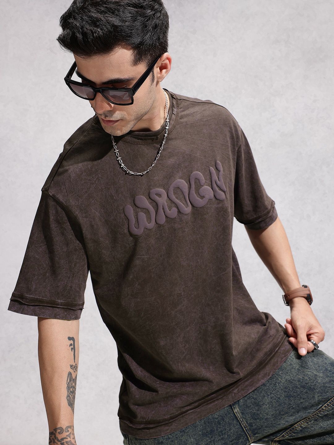 WROGN Oversized Fit Typography Puff Printed Pure Cotton T-shirt