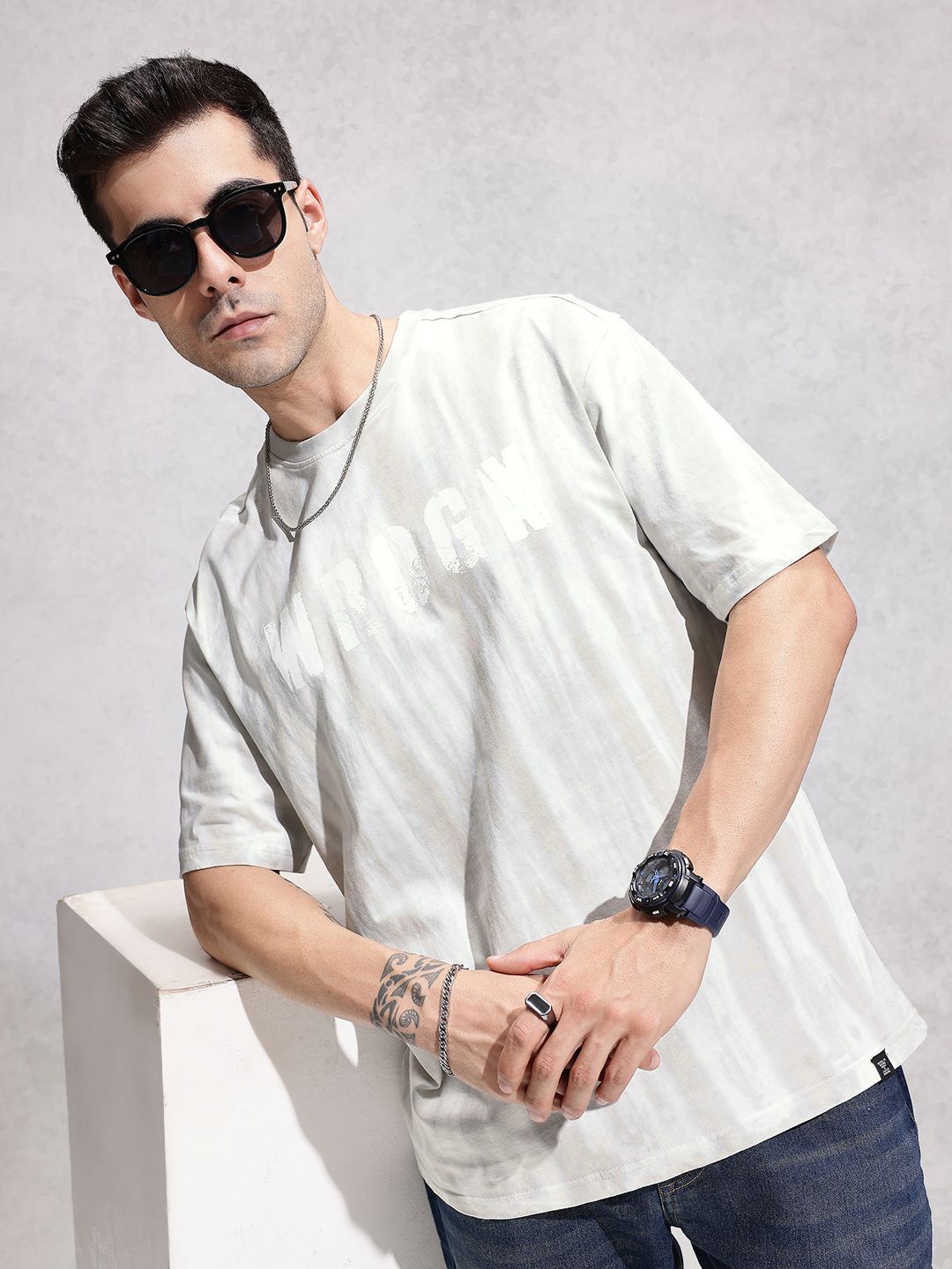 WROGN Dyed Brand Logo Printed Pure Cotton Oversized T-shirt