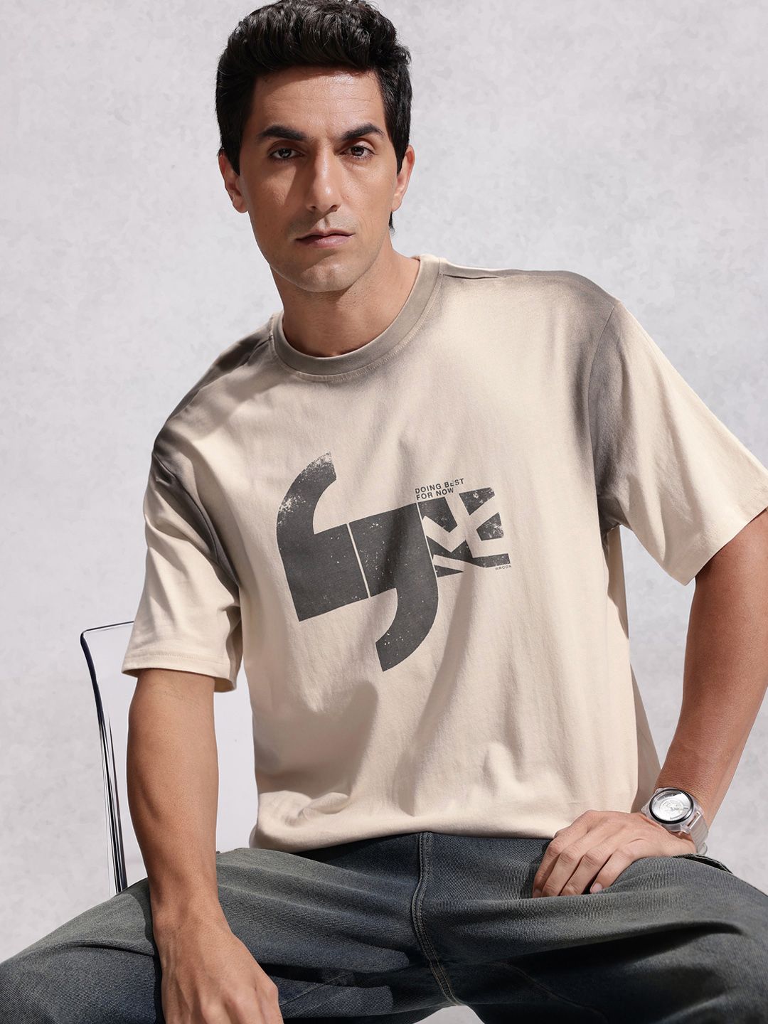 WROGN Oversized Fit Graphic Printed Pure Cotton T-shirt