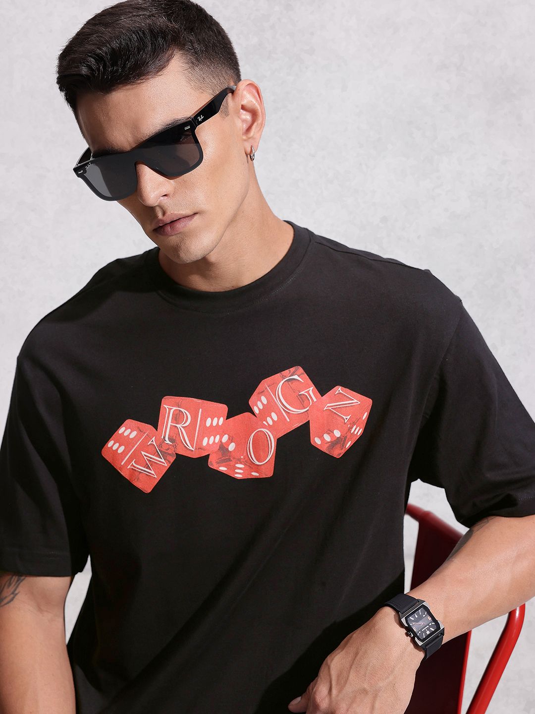 WROGN Graphic Printed Drop-Shoulder Sleeves Pure Cotton Oversized T-shirt