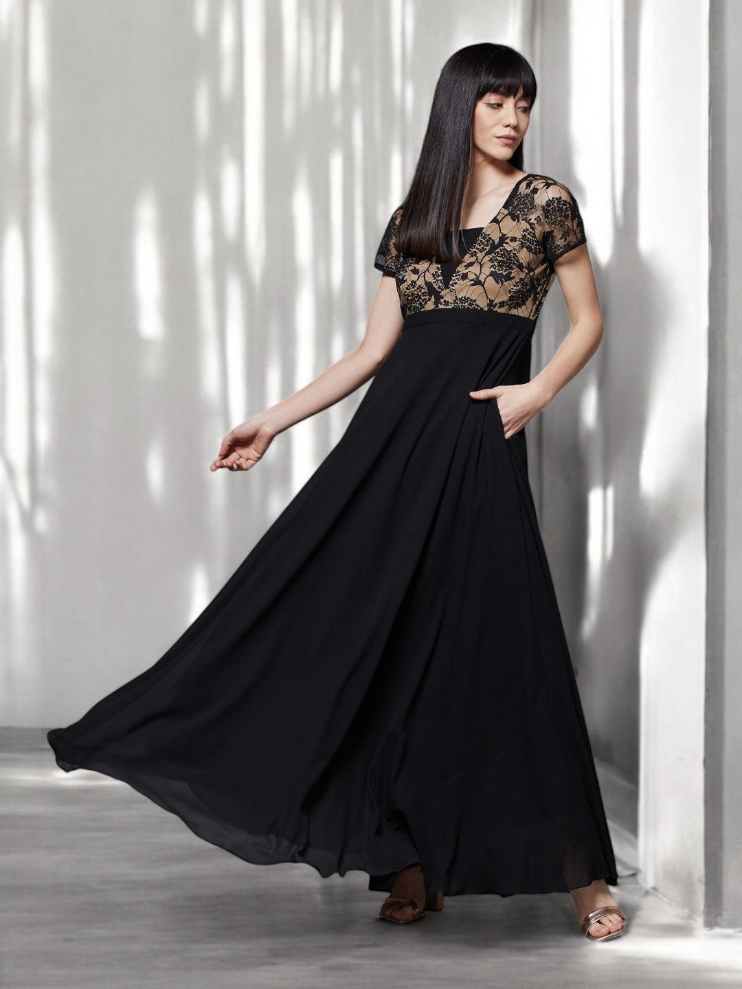 Buy Miss Chase Women Lace Inserts Square Neck Georgette Maxi Dress
