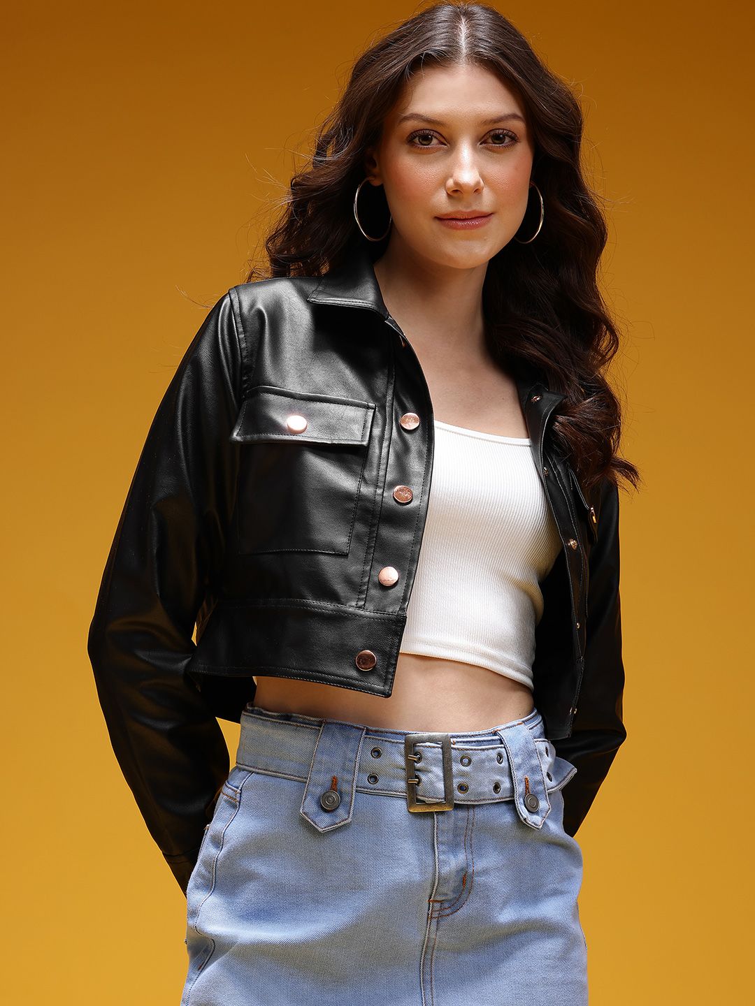 HERE&NOW Women Faux Leather Crop Biker Jacket