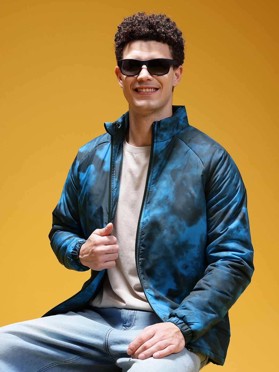 HERE&NOW Tie & Dye Mock Collar Raglan Sleeves Padded Jacket