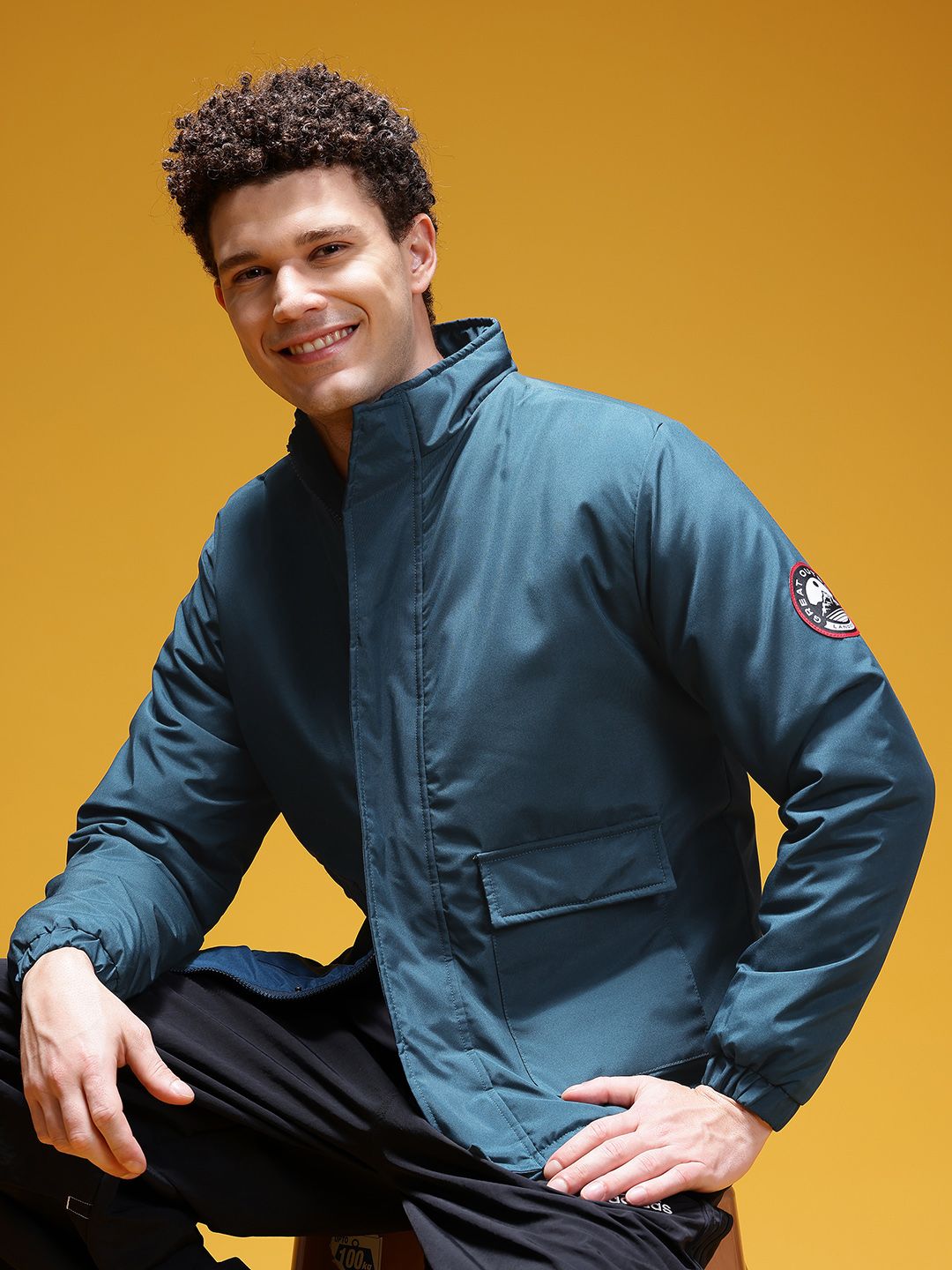 HERE&NOW Mock Collar Padded Jacket with Patchwork Detail