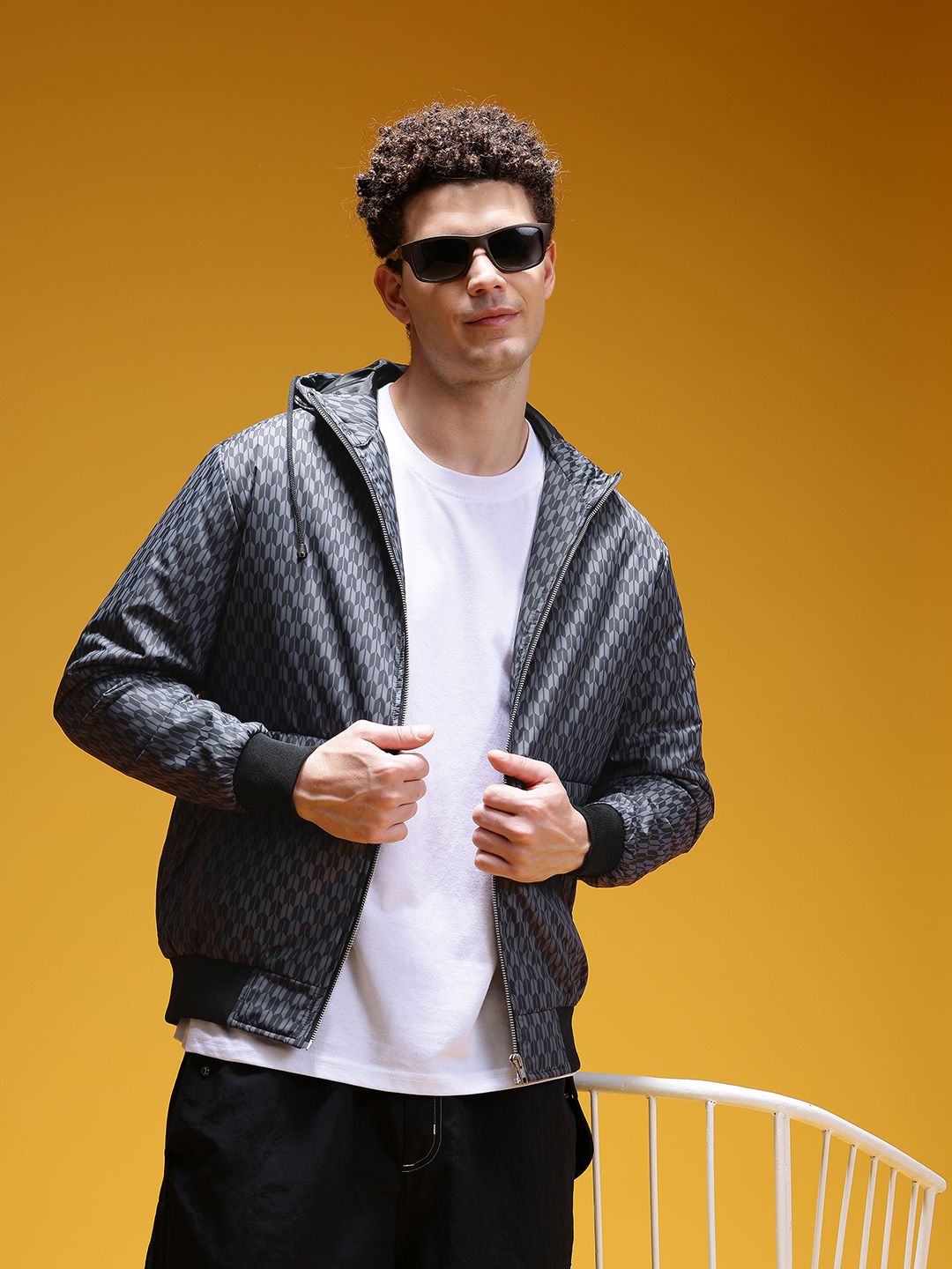 HERE&NOW Geometric Printed Hooded Bomber Jacket