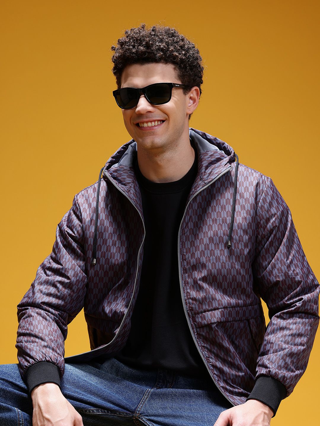 HERE&NOW Paneled Geometric Print Hooded Padded Jacket