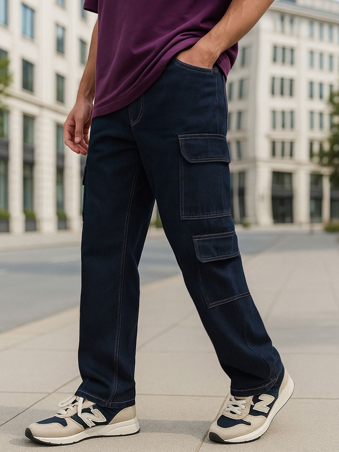Bewakoof Men's Indigo Blue Baggy Washed Cargo Mid-Rise Straight Fit Jeans