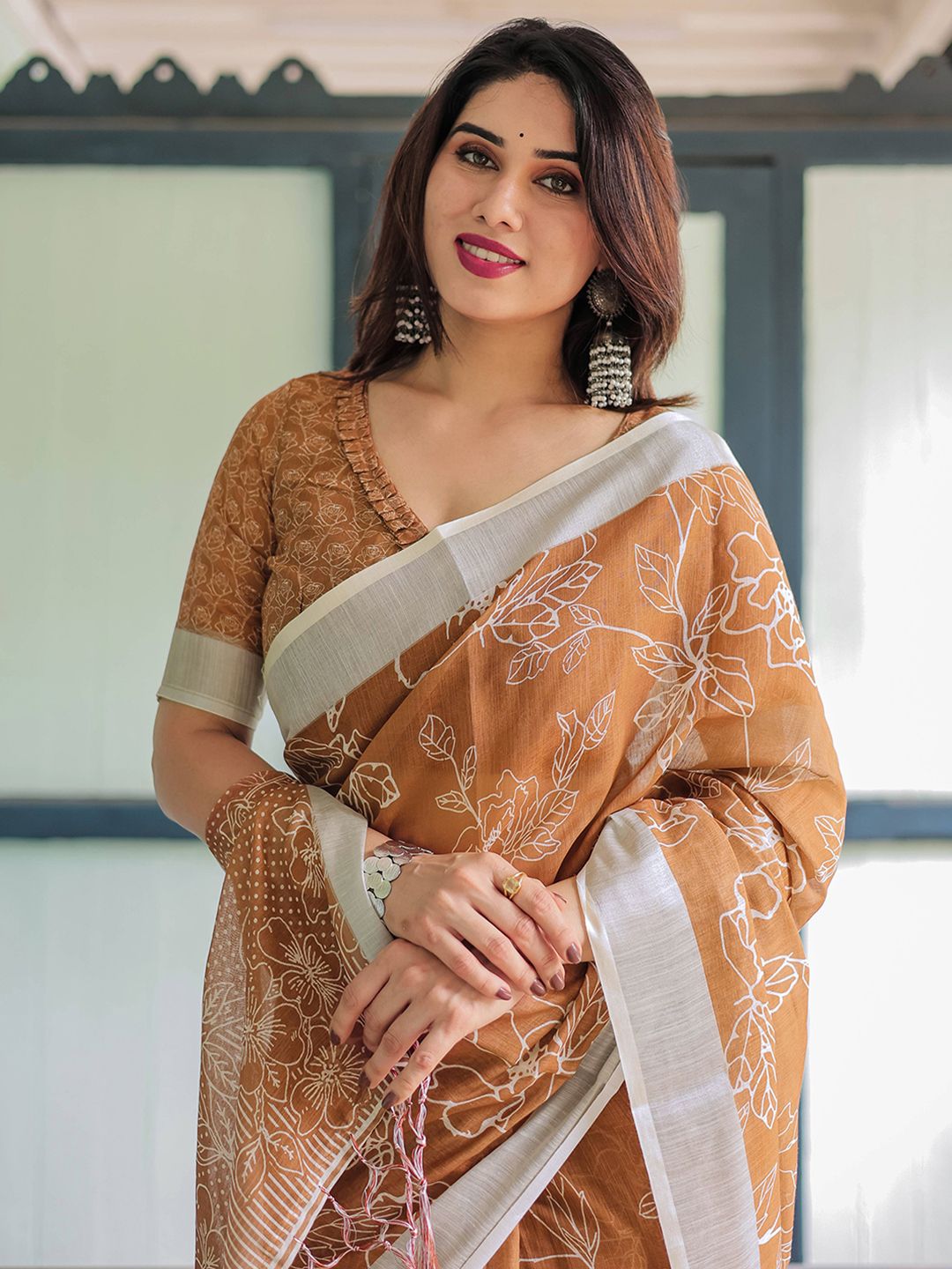 Mitera Floral Printed Zari Kota Saree