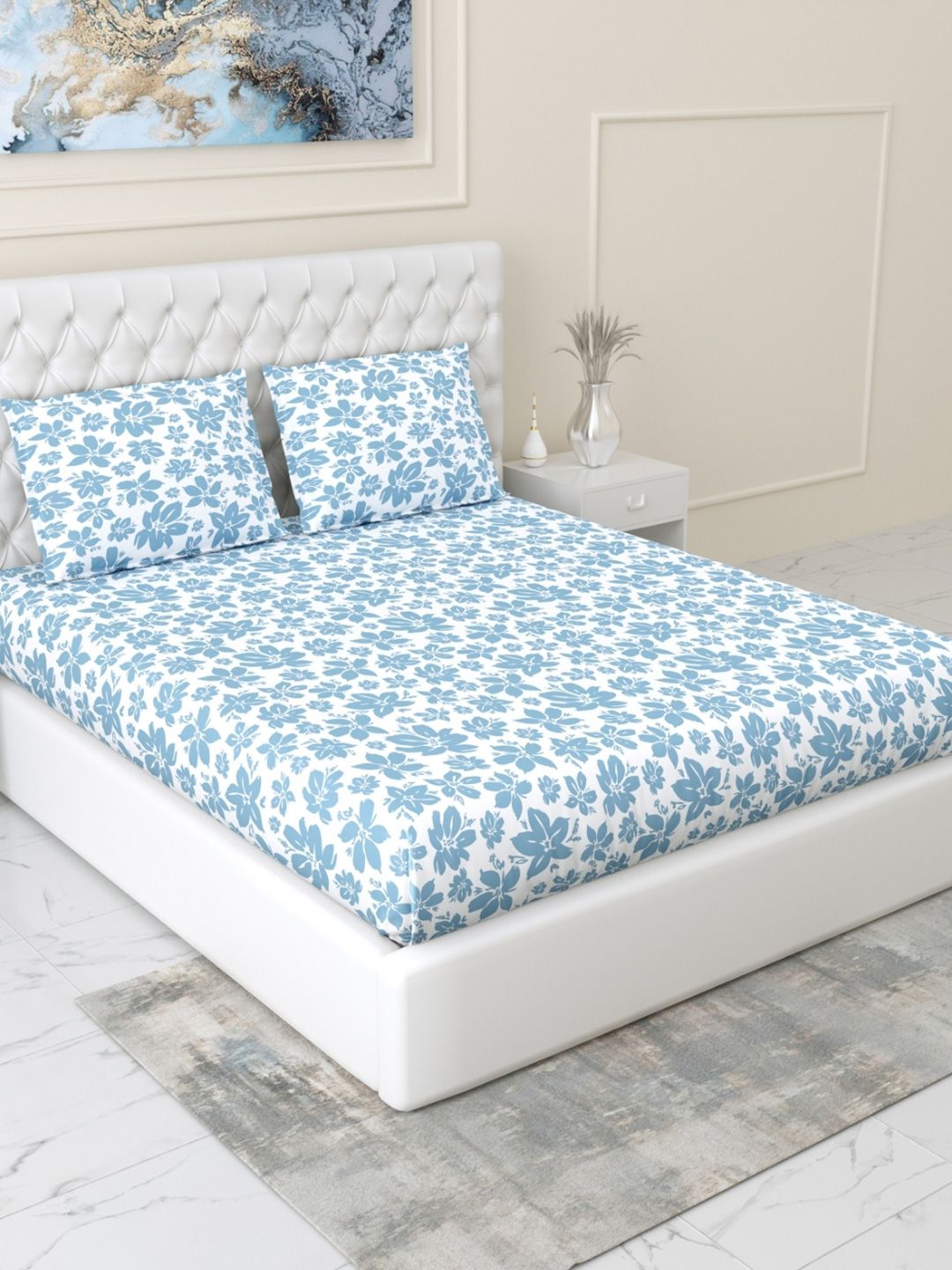 haus & kinder haus & kinder SS 25 Blue Printed Cotton 144 TC Fitted King Bedsheet Set 1.98 x 1.89 m