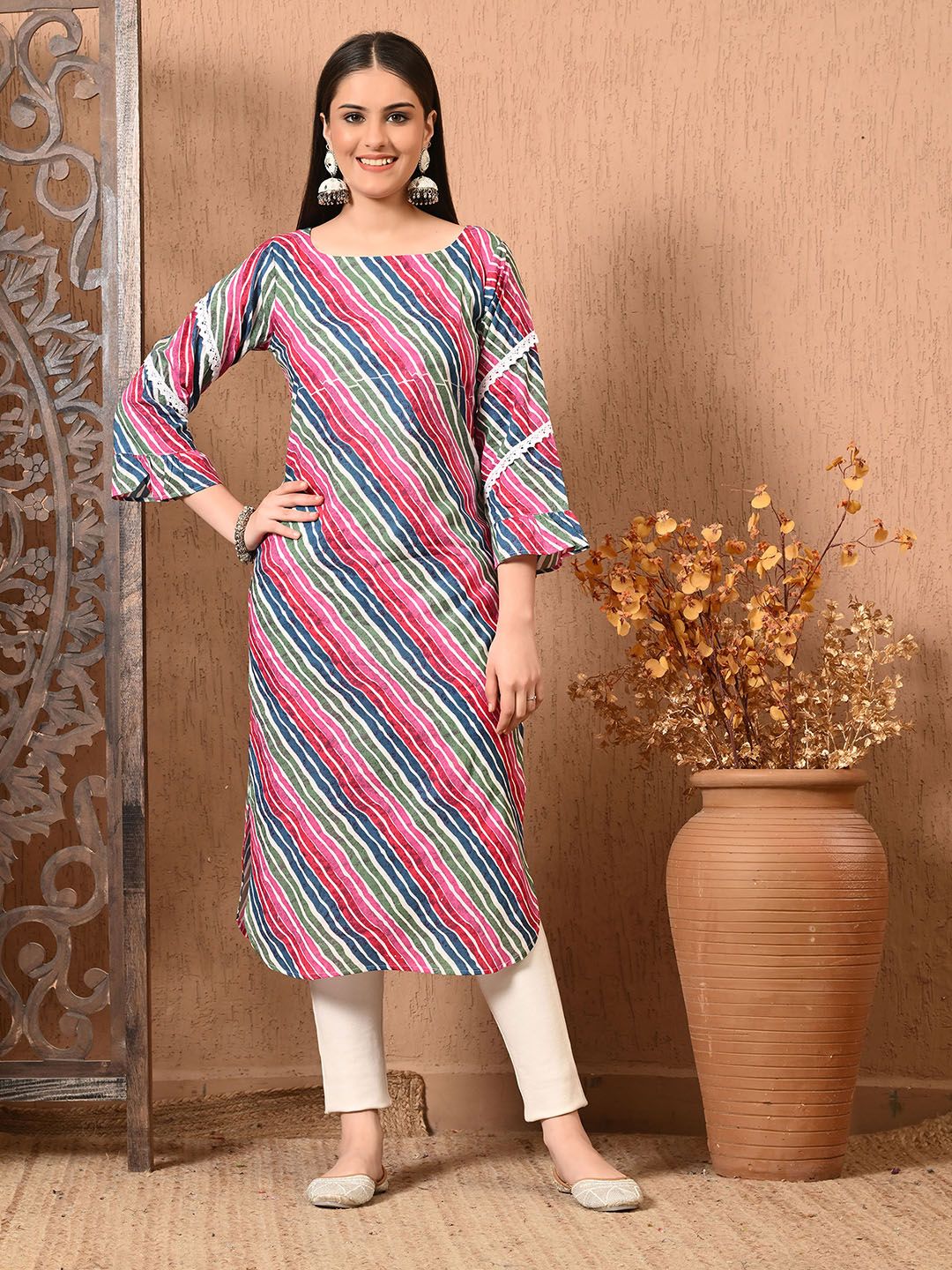 Lavantika Striped Round Neck Pure Cotton Straight Kurta