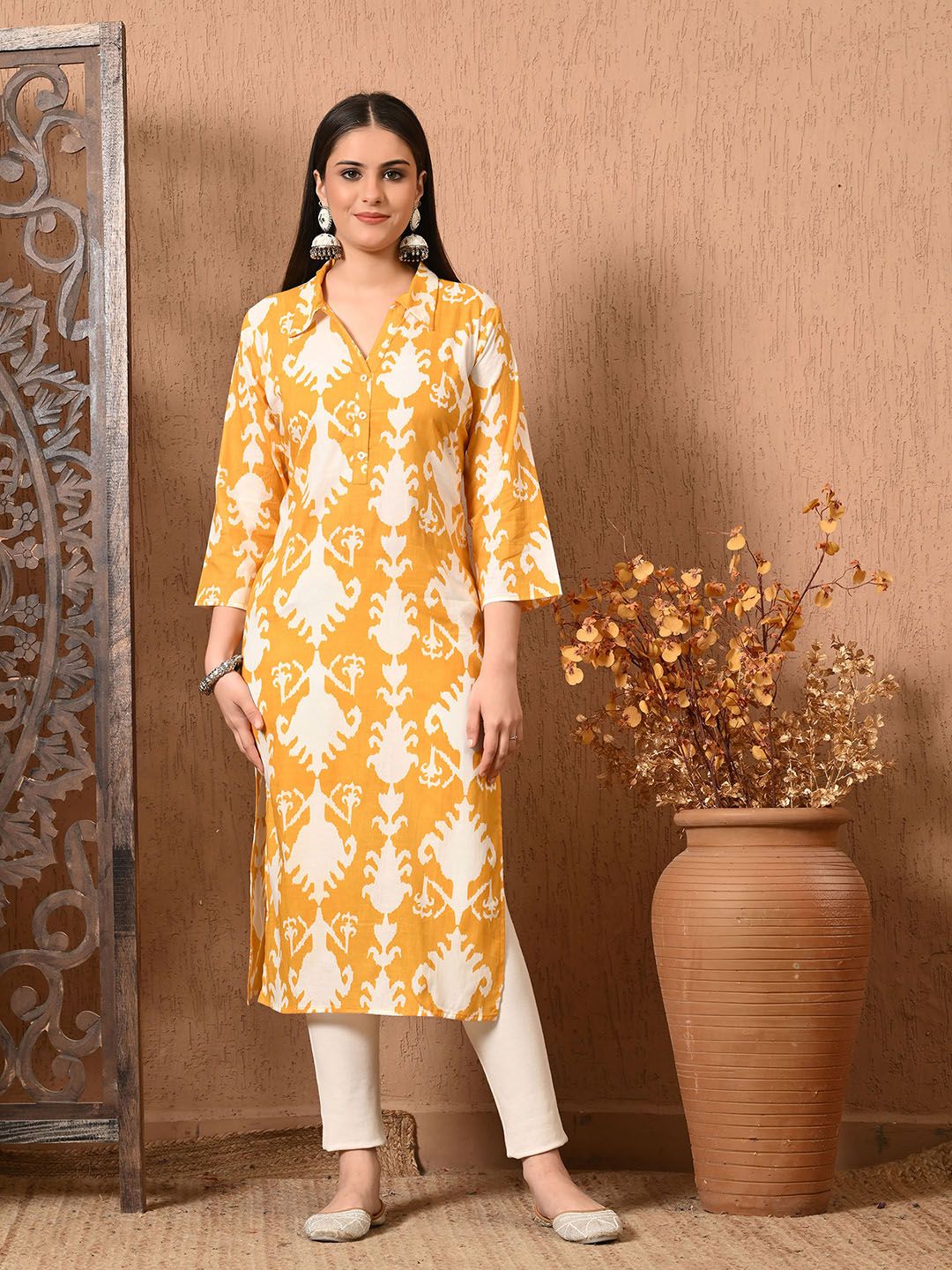 Lavantika Ethnic Motifs Printed Shirt Collar Pure Cotton Straight Kurta