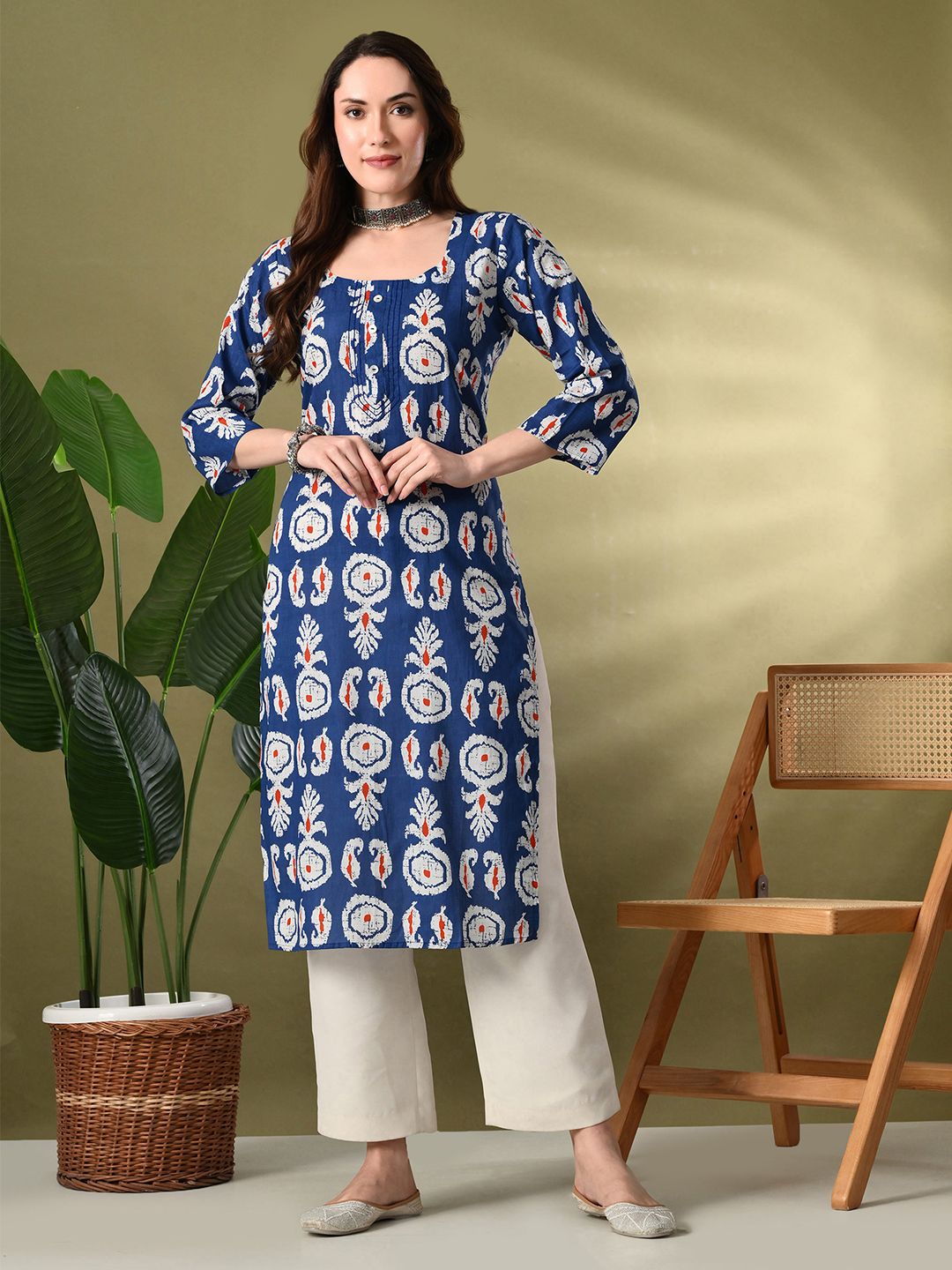 Lavantika Ethnic Motifs Printed Round Neck Straight Pure Cotton Kurta