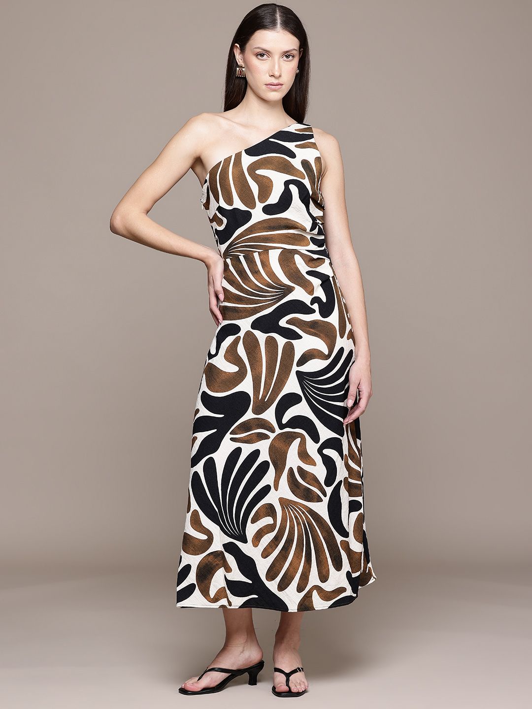 Printed One Shoulder A-Line Midi Dress