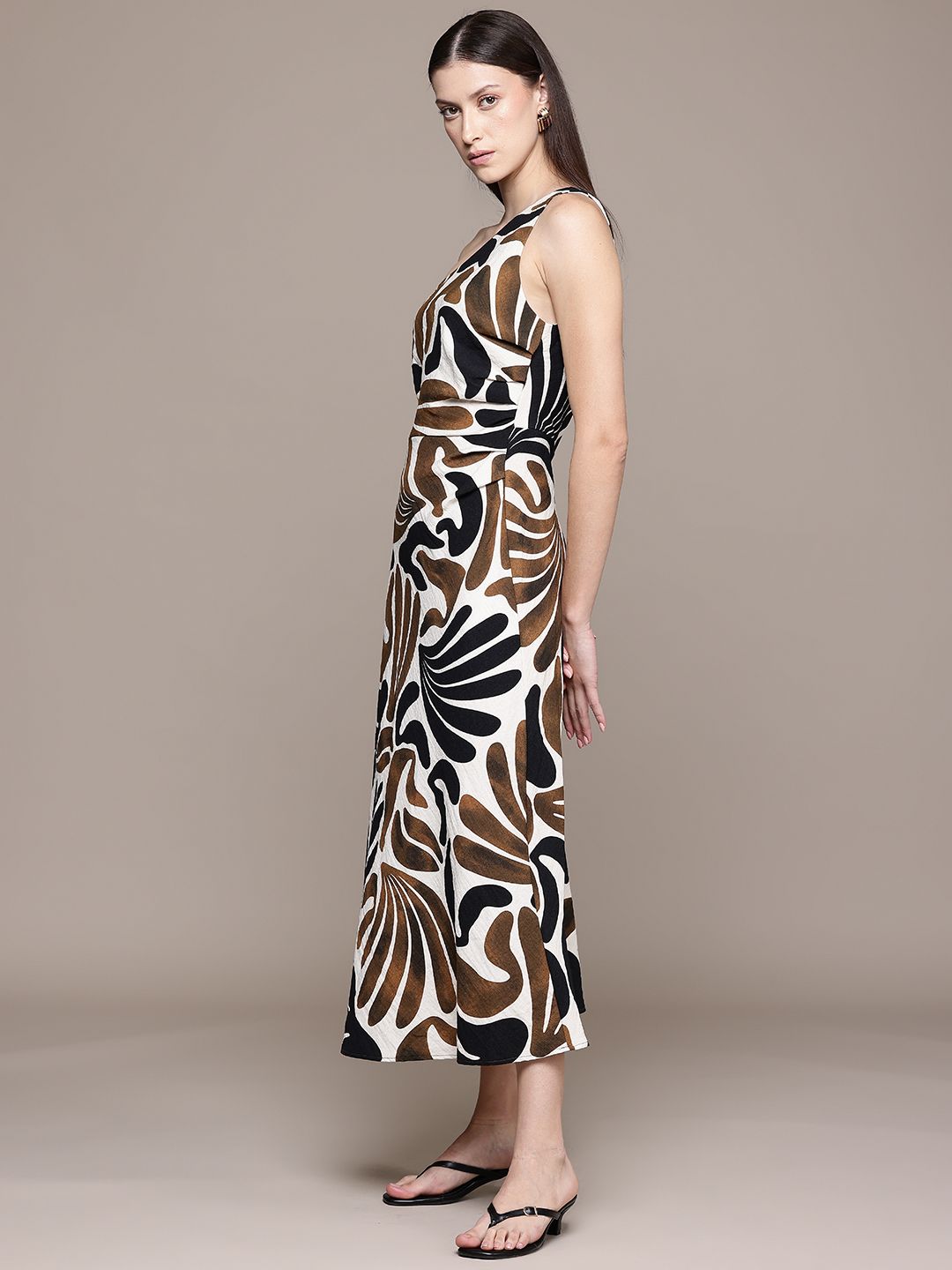 Printed One Shoulder A-Line Midi Dress