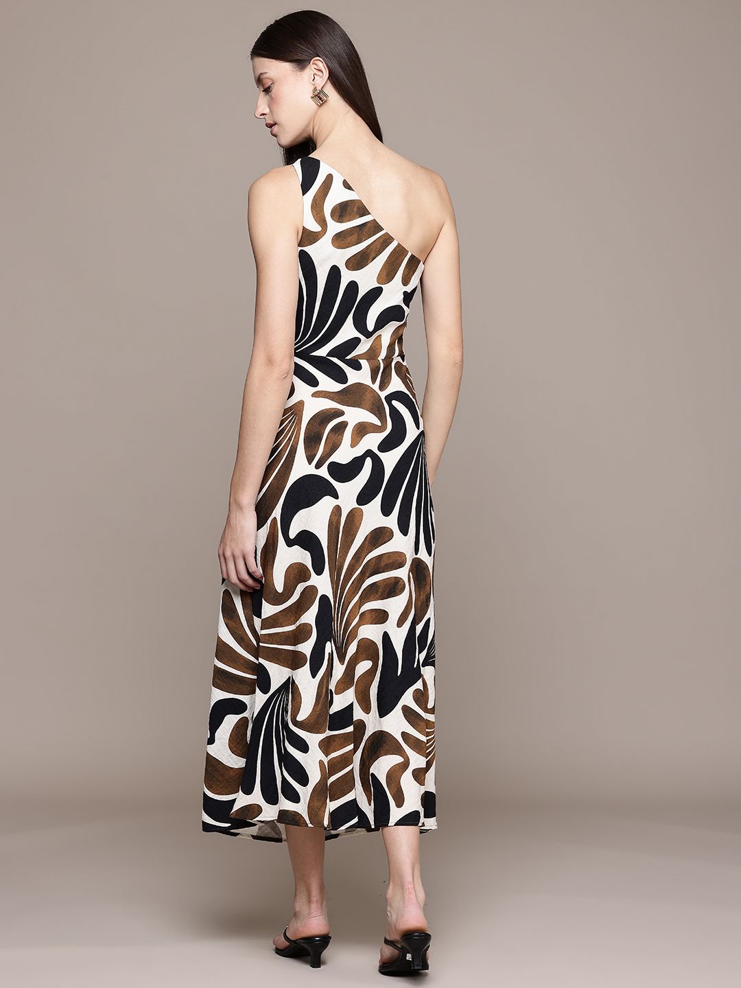 Printed One Shoulder A-Line Midi Dress