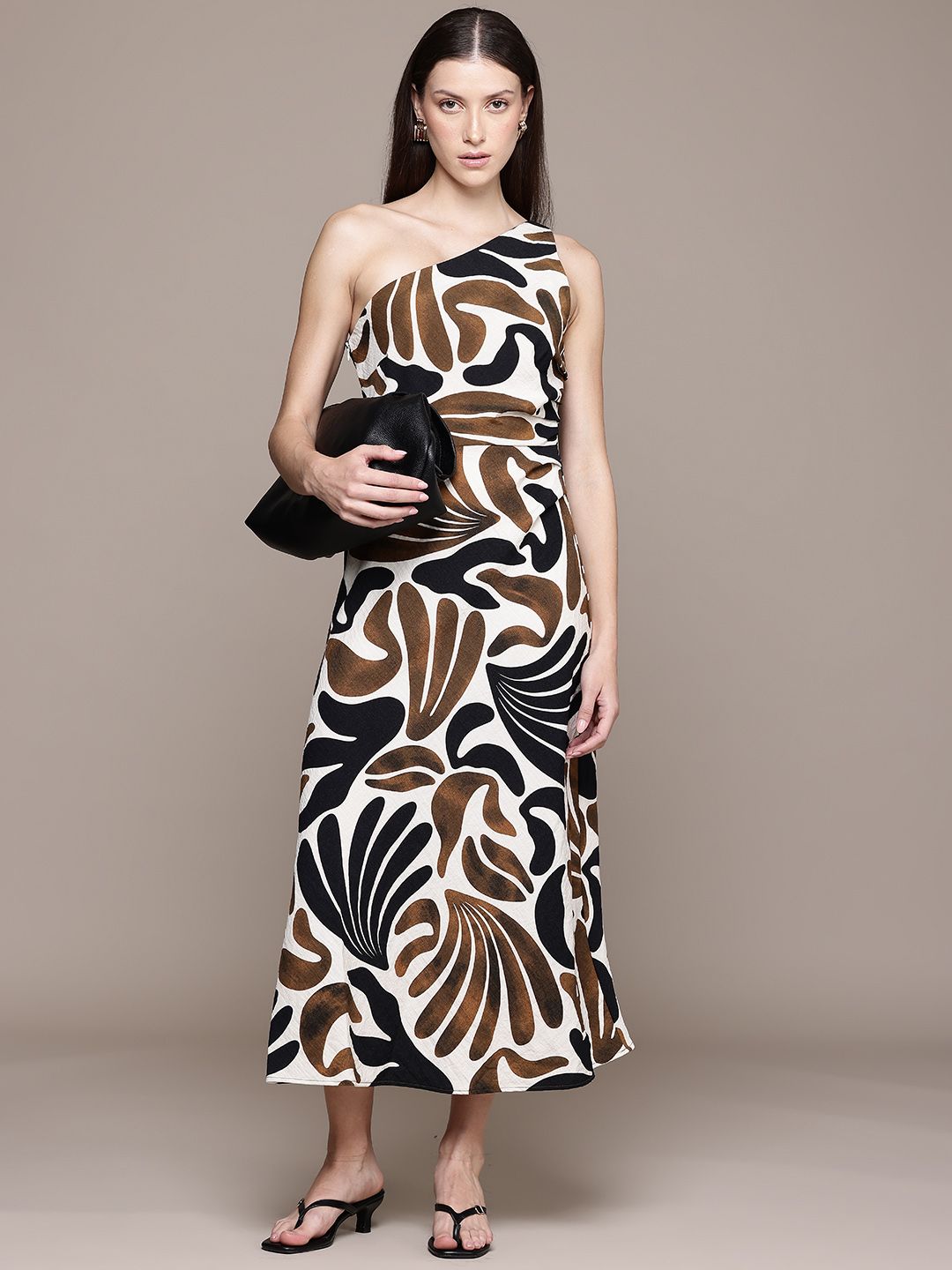 Printed One Shoulder A-Line Midi Dress