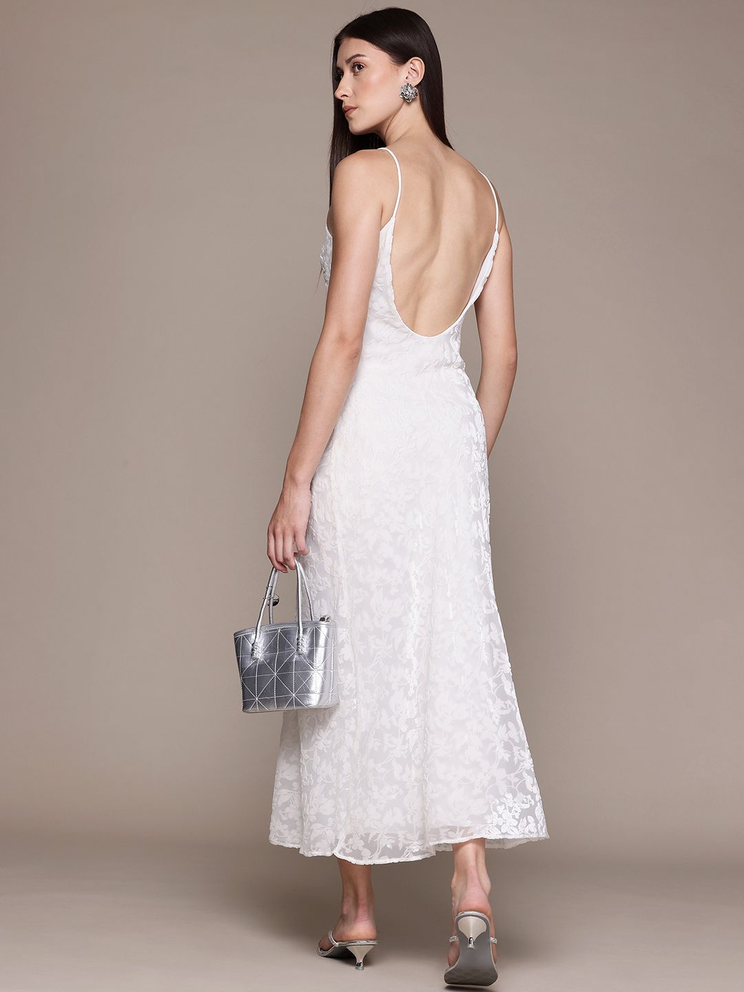 Floral Design Velvet Finish Backless Maxi Dress