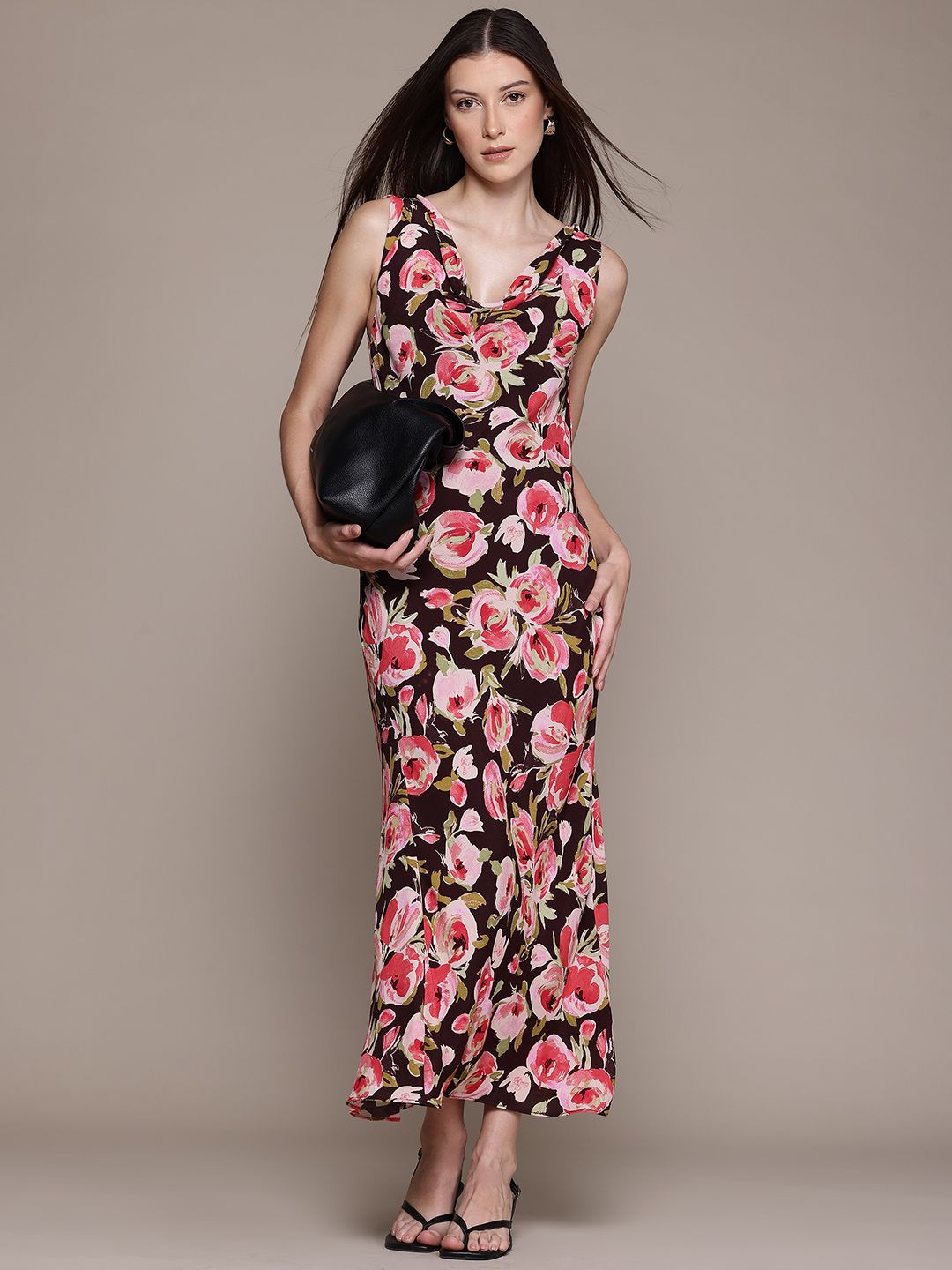 Floral Print Cowl Neck Maxi Dress