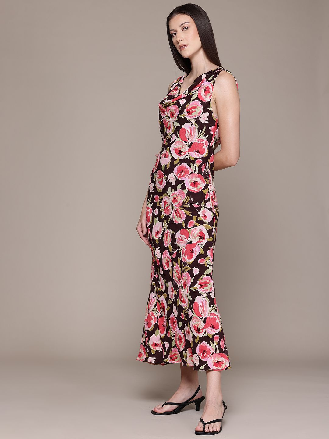 Floral Print Cowl Neck Maxi Dress